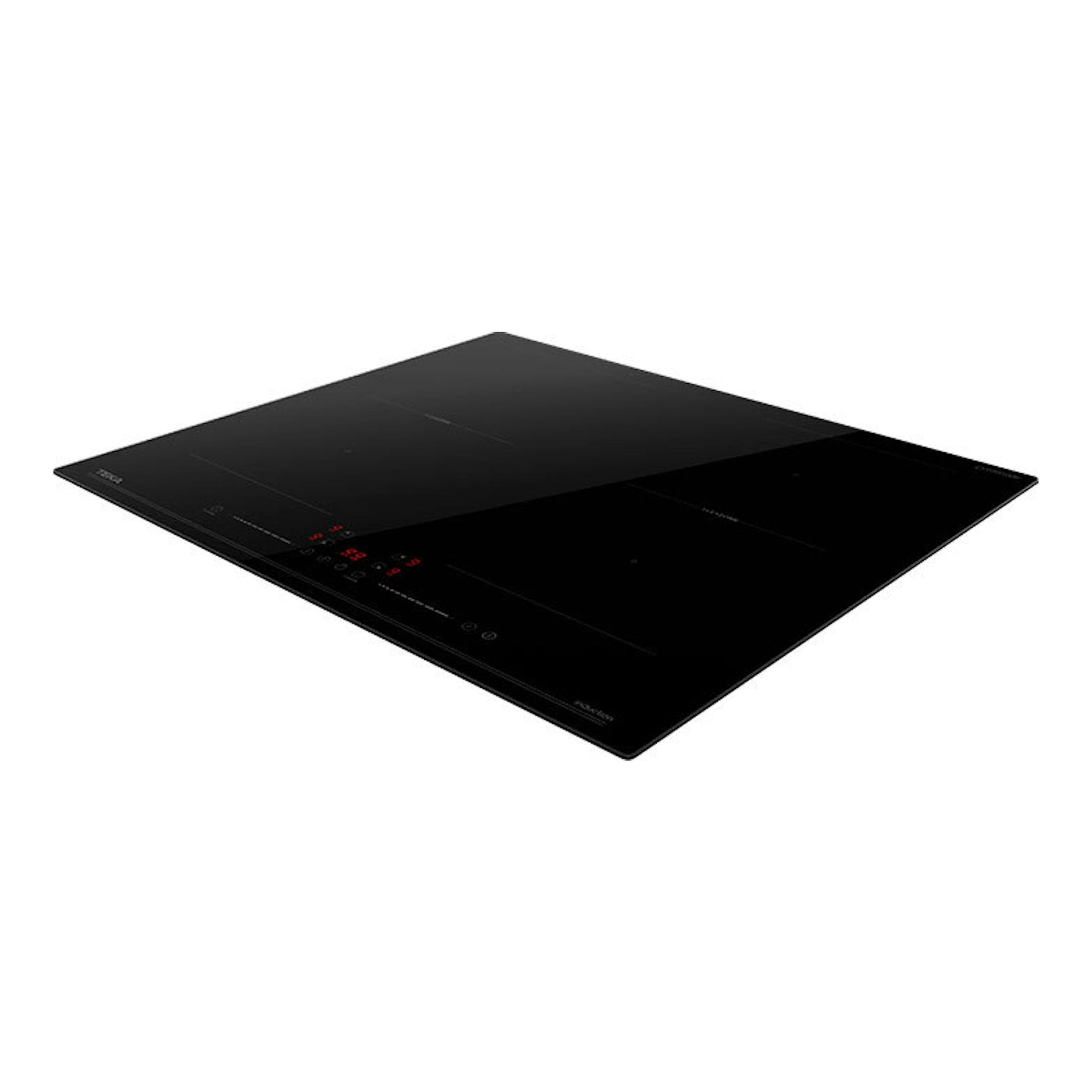 Placa de inducción Teka negra, vista en ángulo, con controles táctiles y display rojo.
