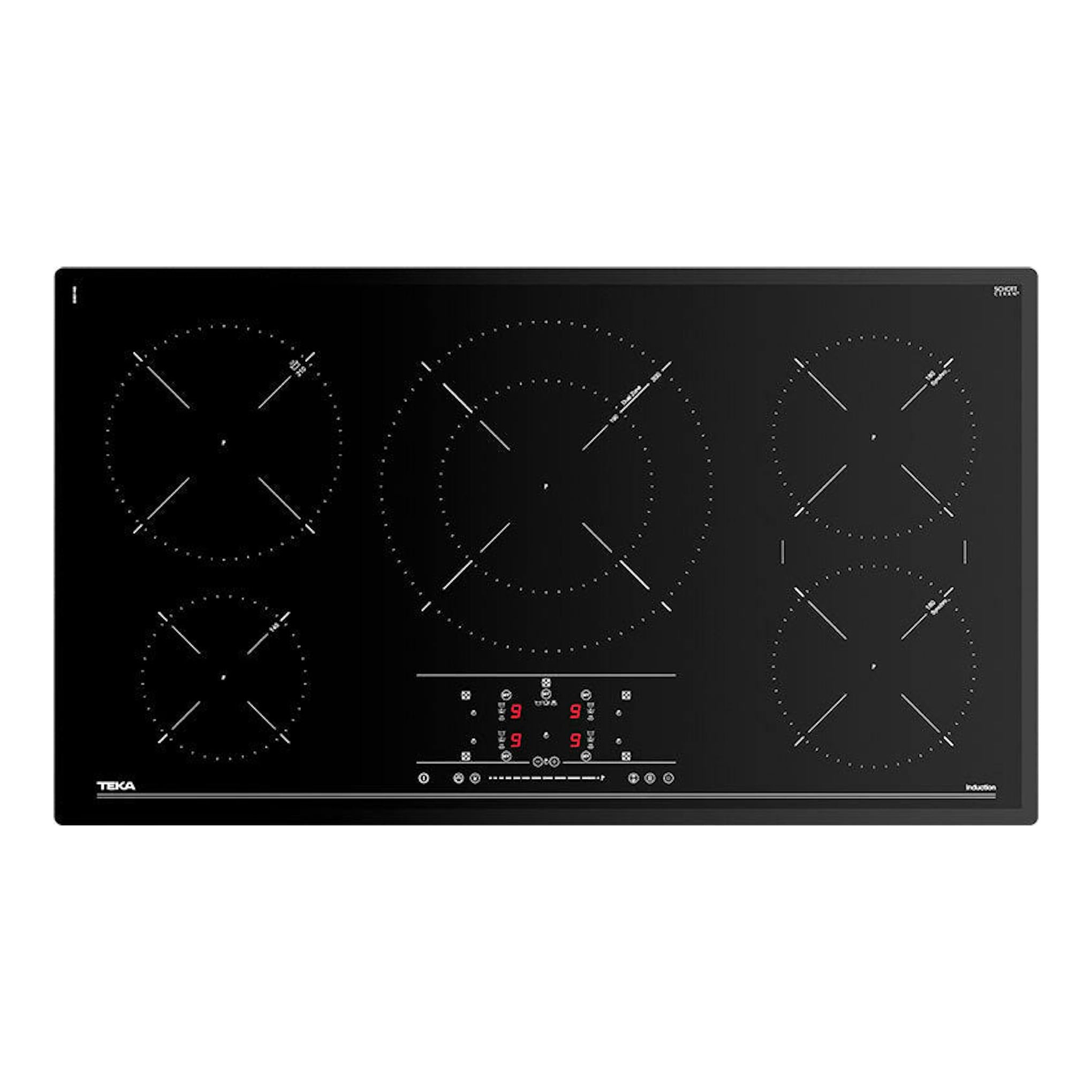 Placa de inducción Teka IR 9530 negra, vista frontal, con cinco zonas y panel táctil central.