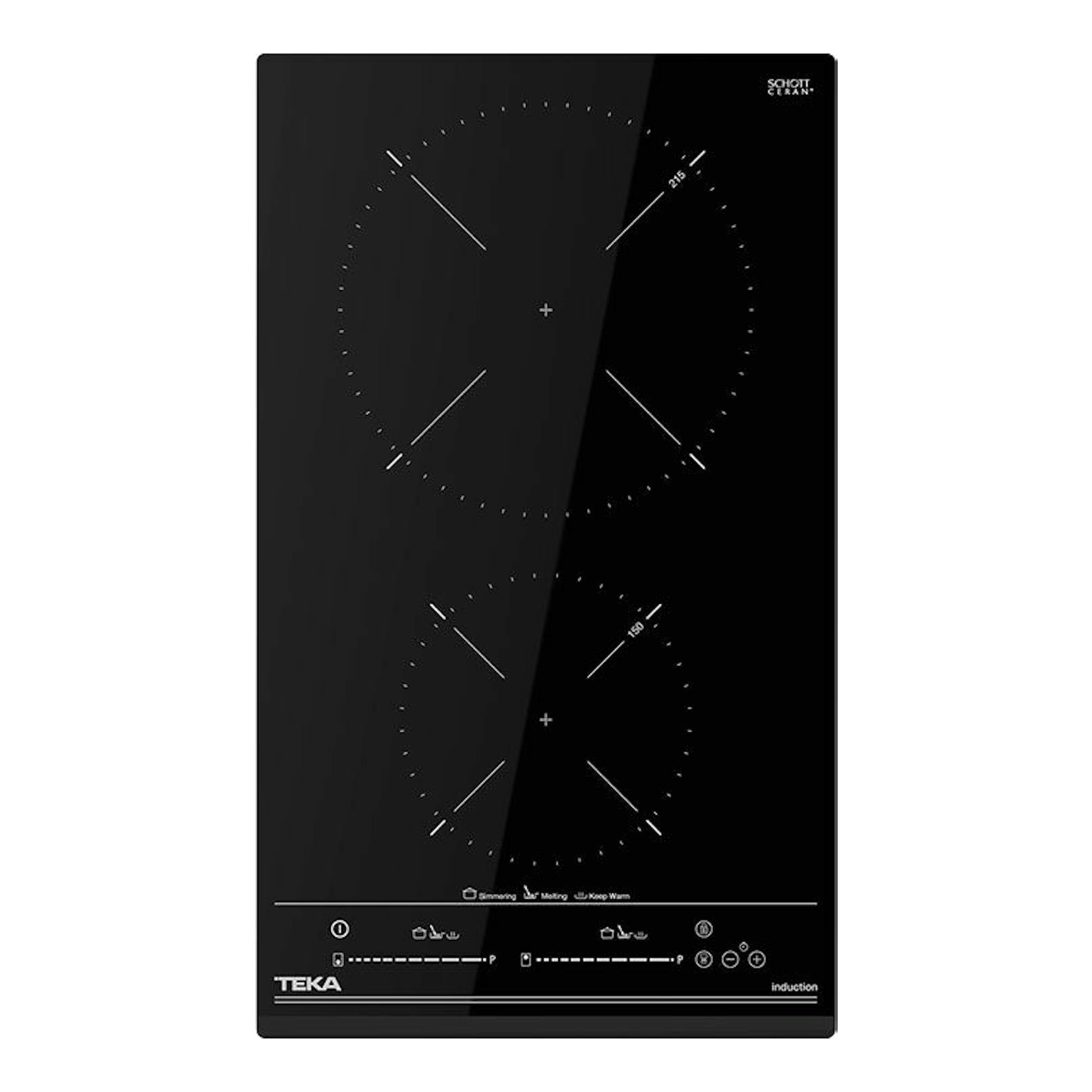 Placa de inducción Teka IZC 32310 MSP BK negra, vista frontal, con dos zonas de cocción circulares.