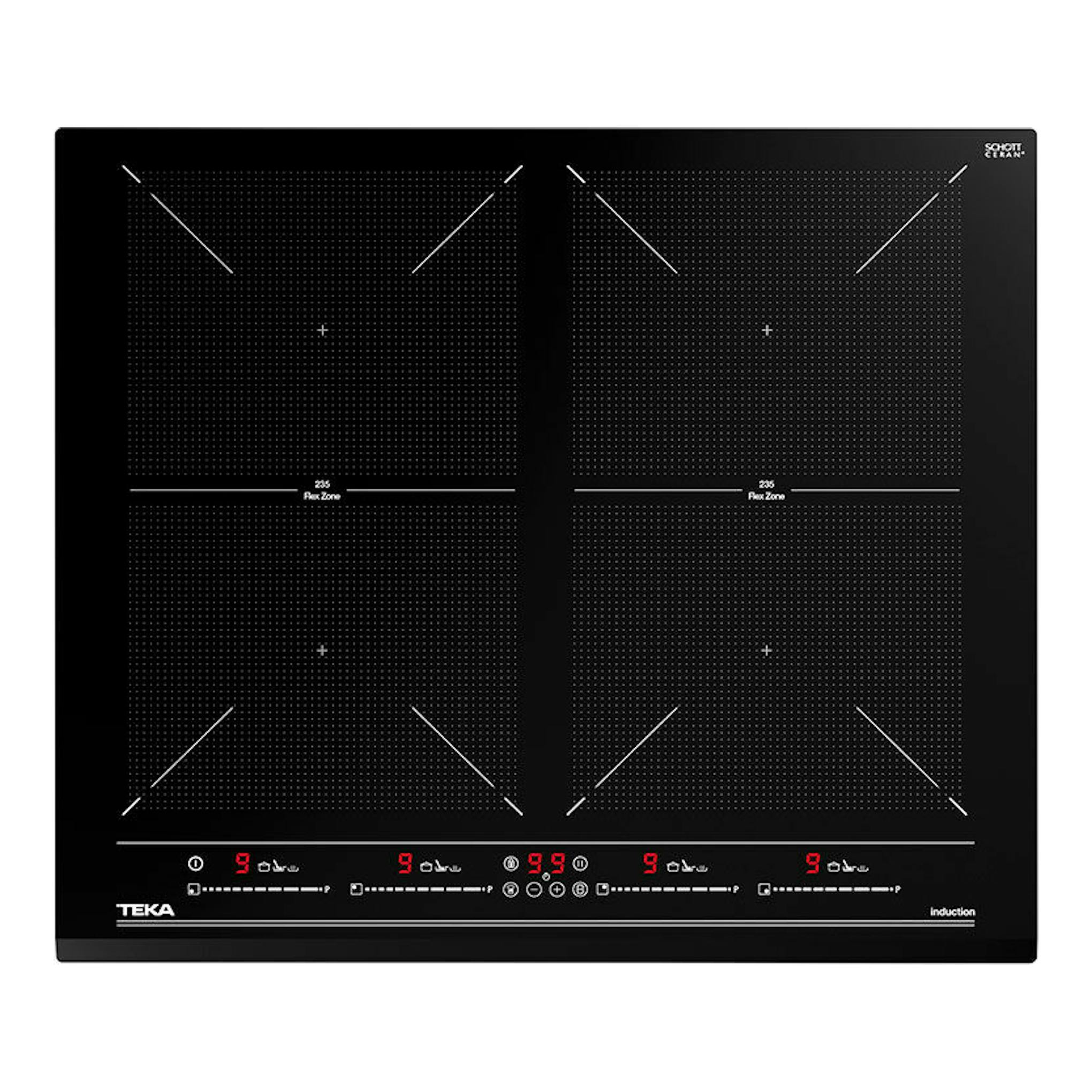 Placa de inducción Teka IZF 64600 BK MSP negra, vista superior con cuatro zonas de cocción.