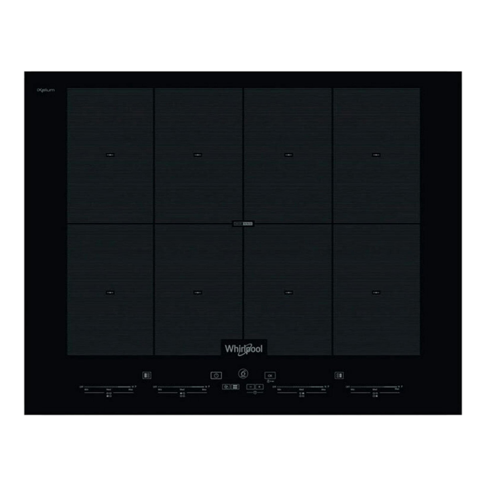 Placa de inducción Whirlpool SMO 658C/NE negra, vista frontal, 65 cm, con ocho zonas.