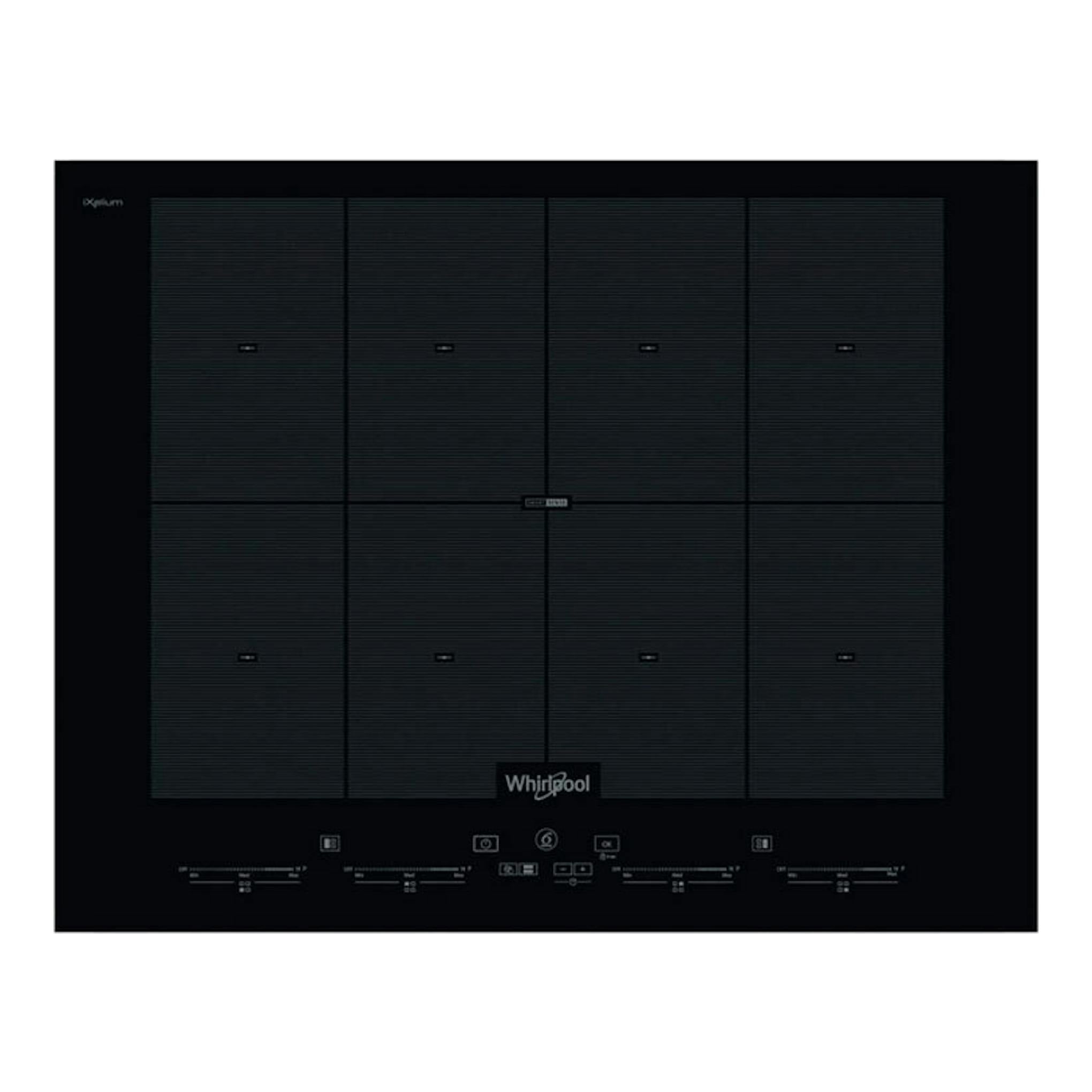 Placa de inducción Whirlpool SMO 658C/NE negra, vista frontal, 65 cm, con ocho zonas.