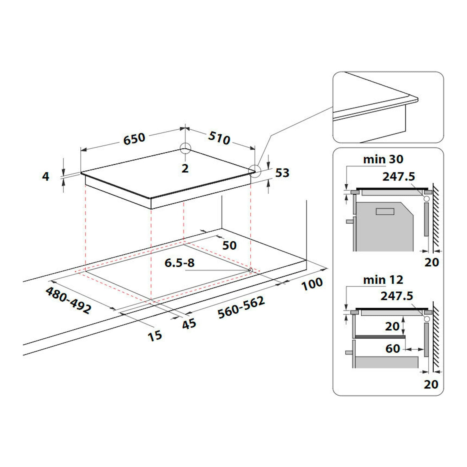 Diagrama de instalación de placa de inducción Whirlpool SMO 658C/NE, vista en perspectiva con medidas.