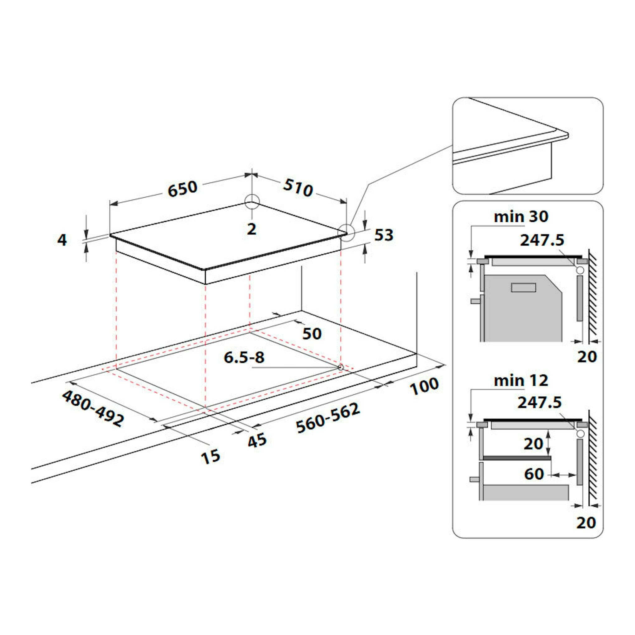 Diagrama de instalación de placa de inducción Whirlpool SMO 658C/NE, vista en perspectiva con medidas.