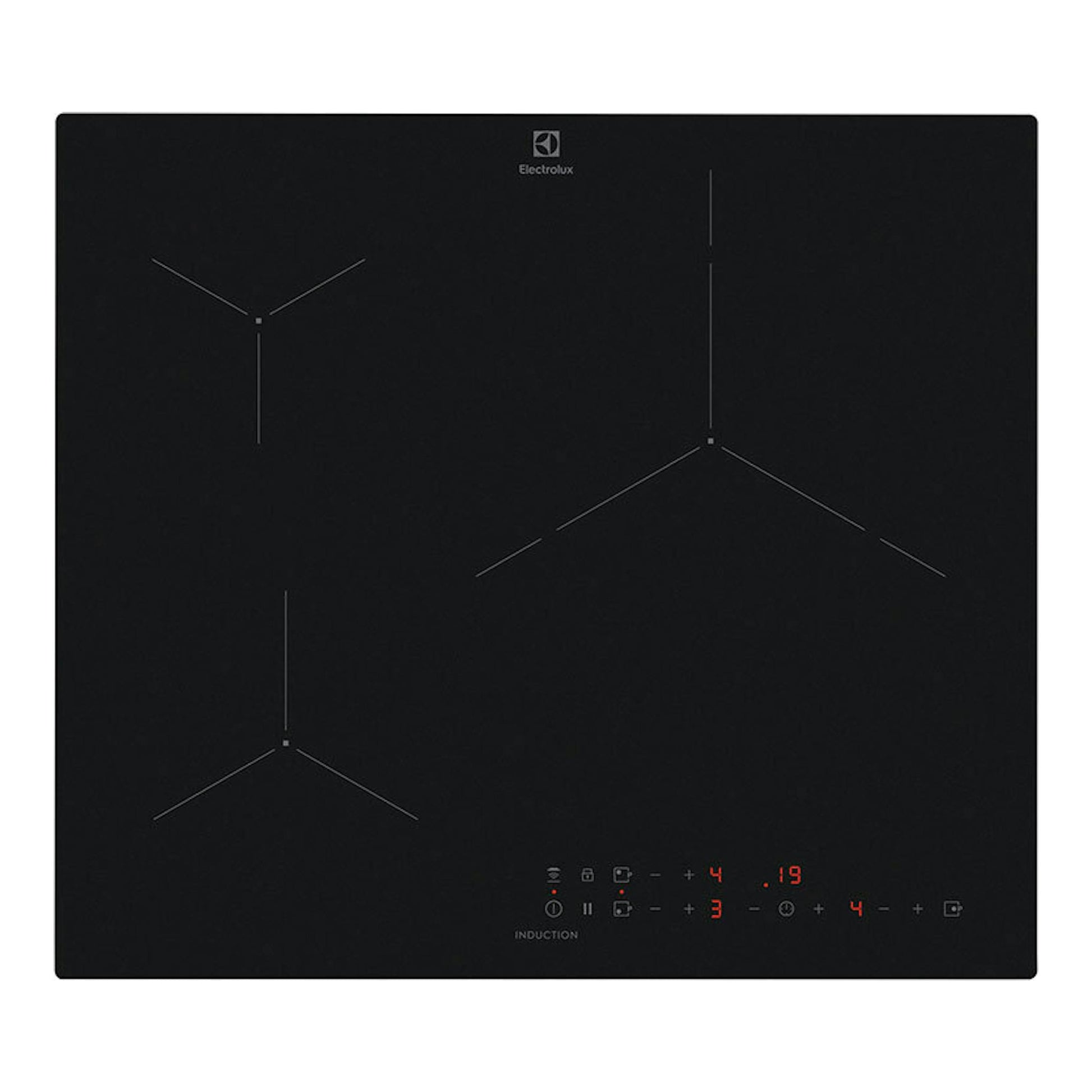 Placa de inducción Electrolux EIT61336 negra, vista frontal con controles táctiles iluminados.
