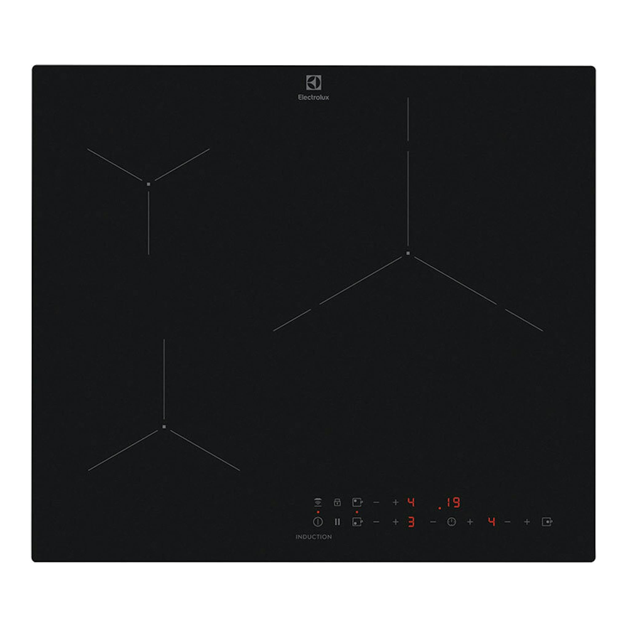 Placa de inducción Electrolux EIT61336 negra, vista frontal con controles táctiles iluminados.