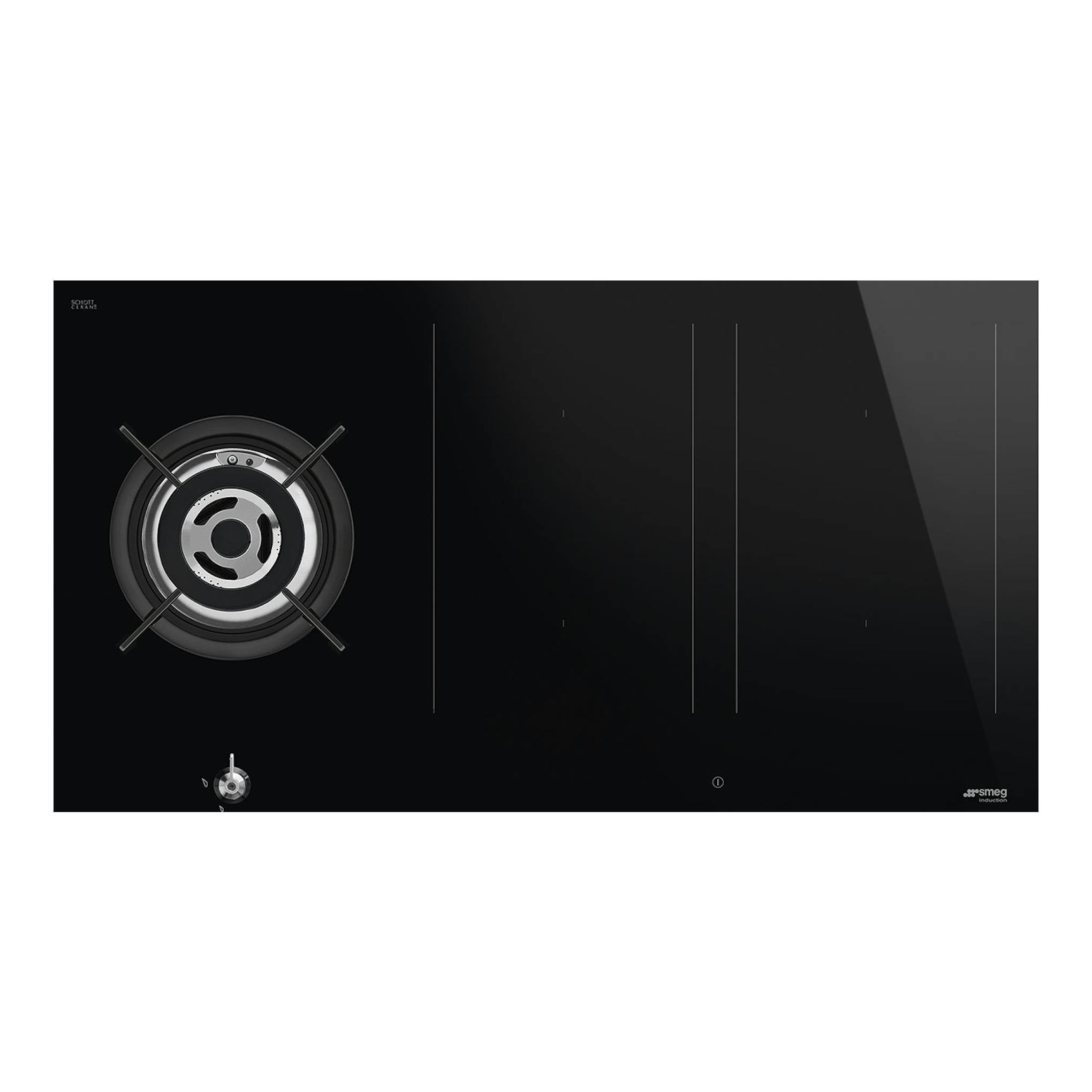 Placa mixta Smeg PM3953D negra, vista superior, con un quemador de gas y zonas de inducción.