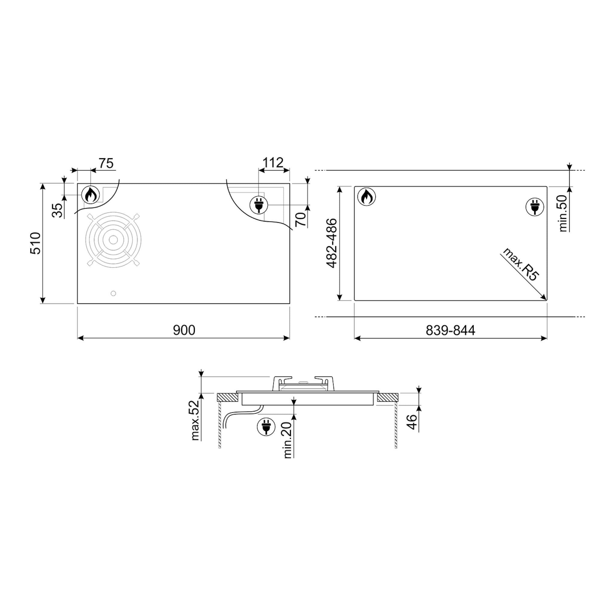 Smeg PM3953D: plano técnico de placa mixta negra de 90 cm, vistas superior y lateral con medidas.