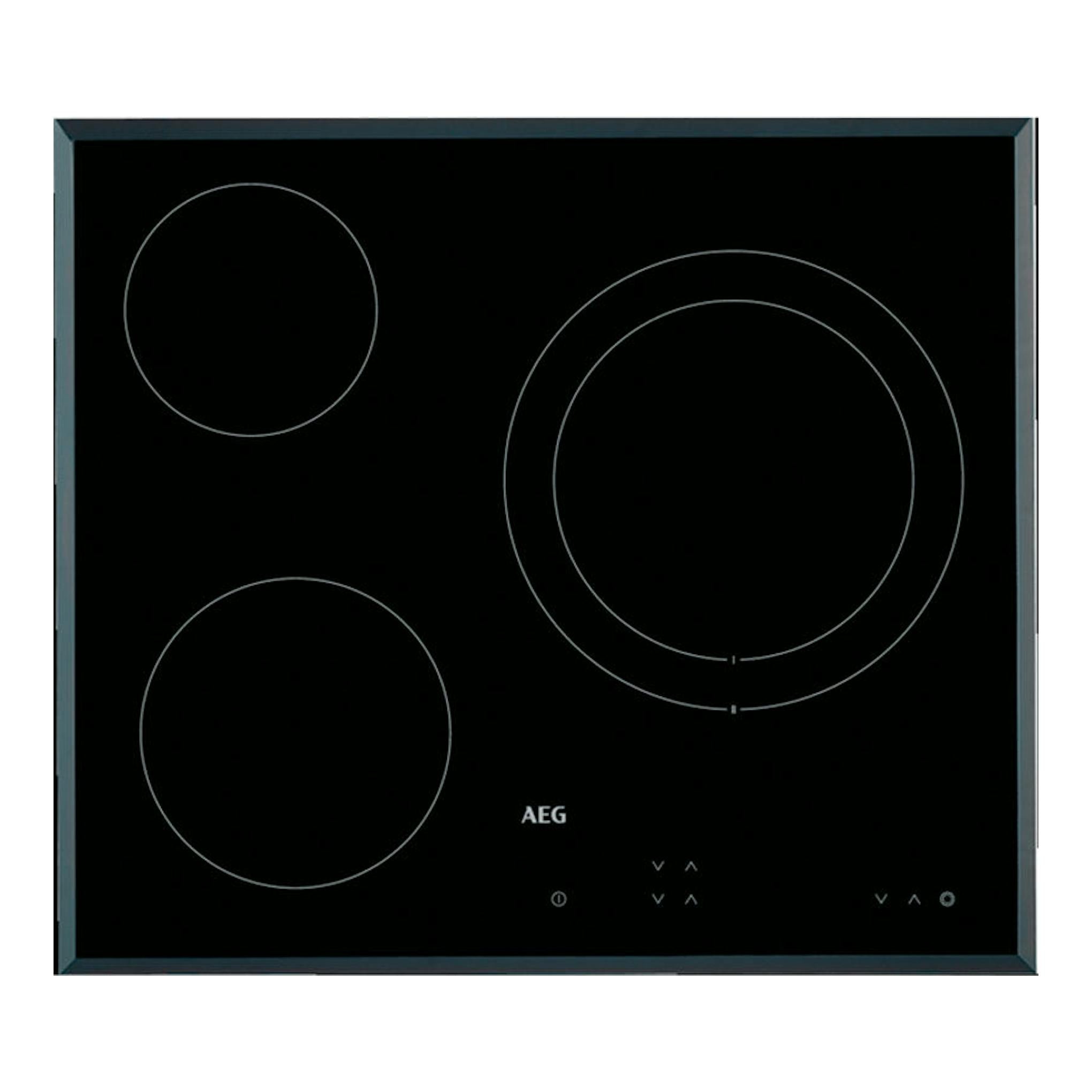 Placa vitrocerámica AEG negra, vista superior, con cuatro zonas de cocción circulares.
