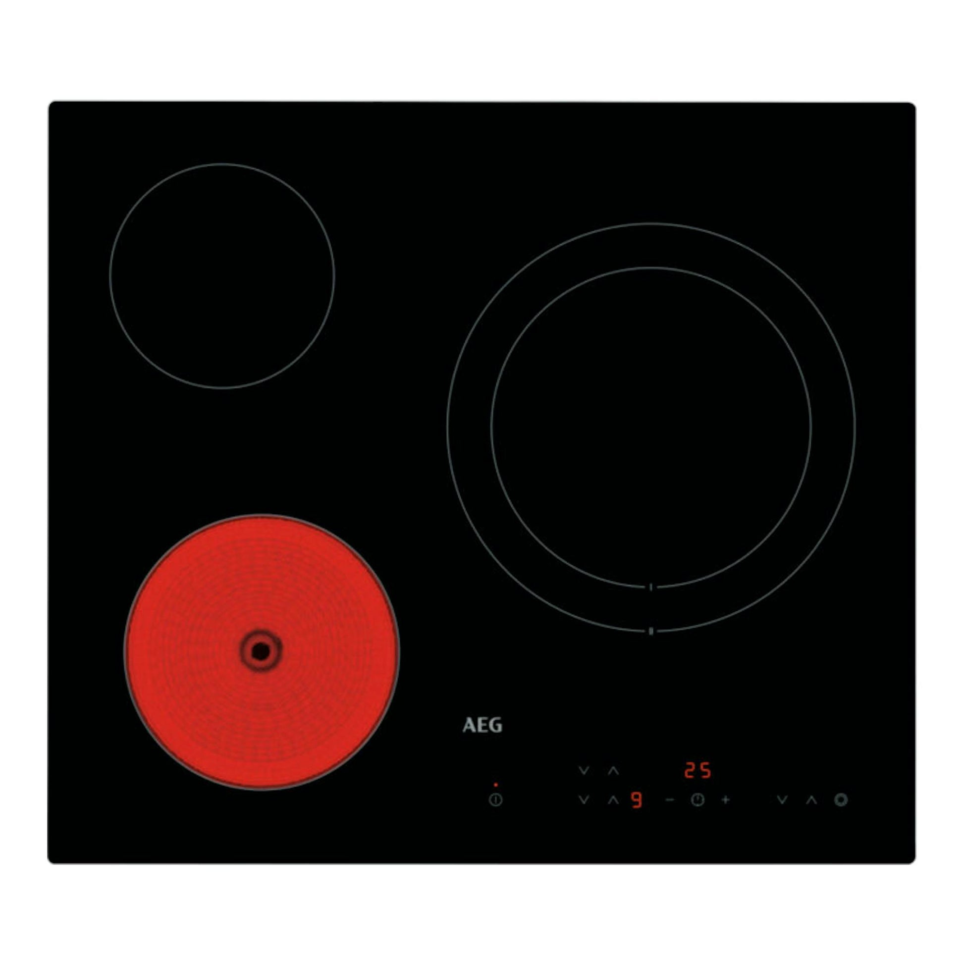Placa vitrocerámica AEG negra, vista superior, con tres zonas de cocción y una zona encendida en rojo.