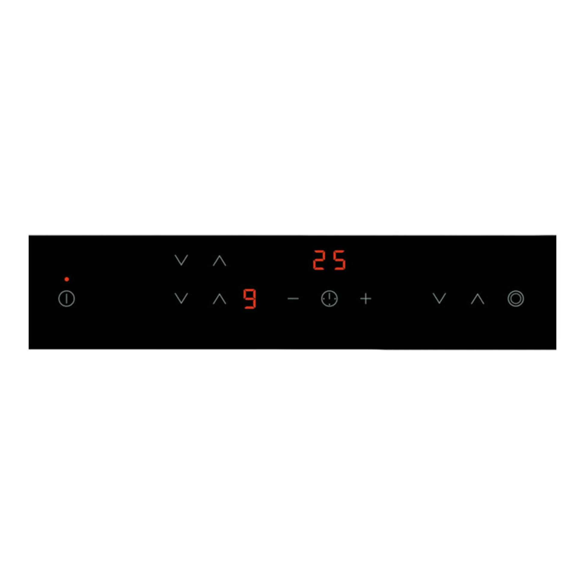 Vista frontal del panel táctil negro de la placa vitrocerámica AEG HRB63321CK, con dígitos rojos.