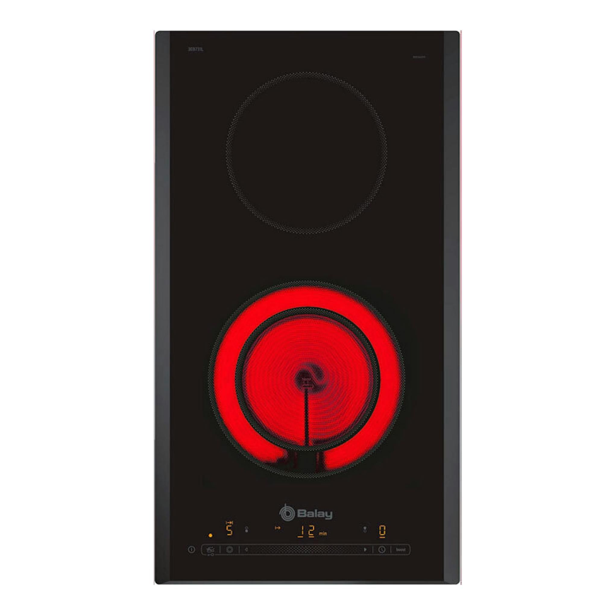 Placa vitrocerámica Balay 3EB731LQ negra, vista frontal, con un fuego circular rojo encendido.