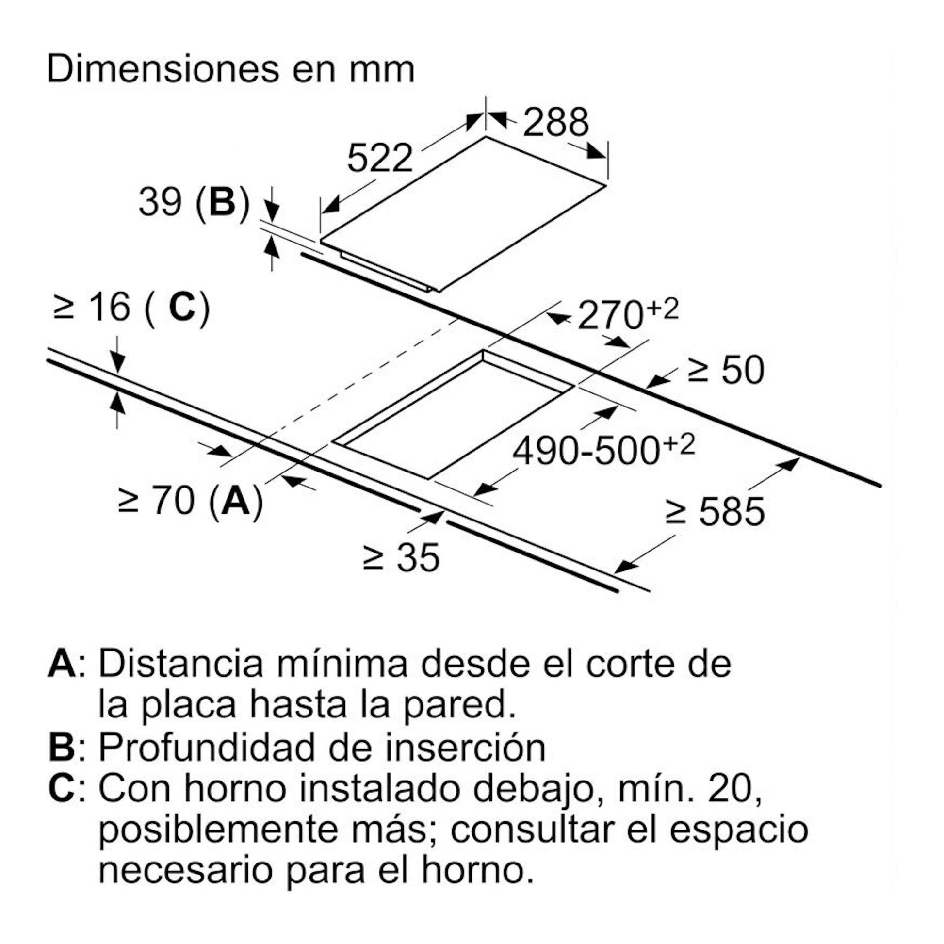 Diagrama técnico en blanco y negro de instalación de placa Balay 3EB731LQ con medidas de corte y encastre.