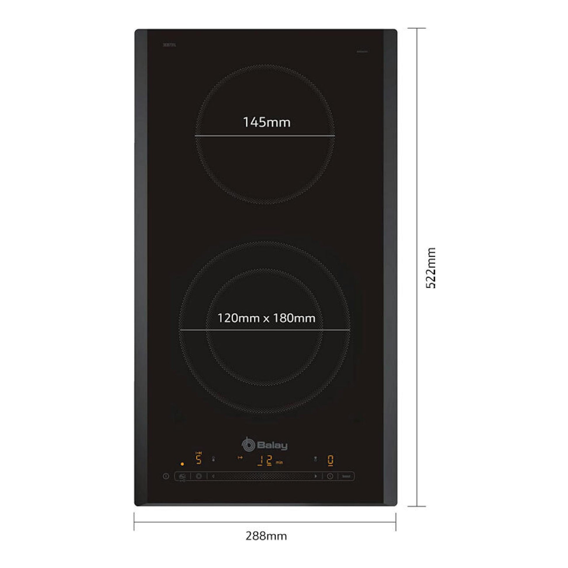 Placa vitrocerámica Balay 3EB731LQ negra, vista frontal, 2 zonas, medidas 288 x 522 mm.