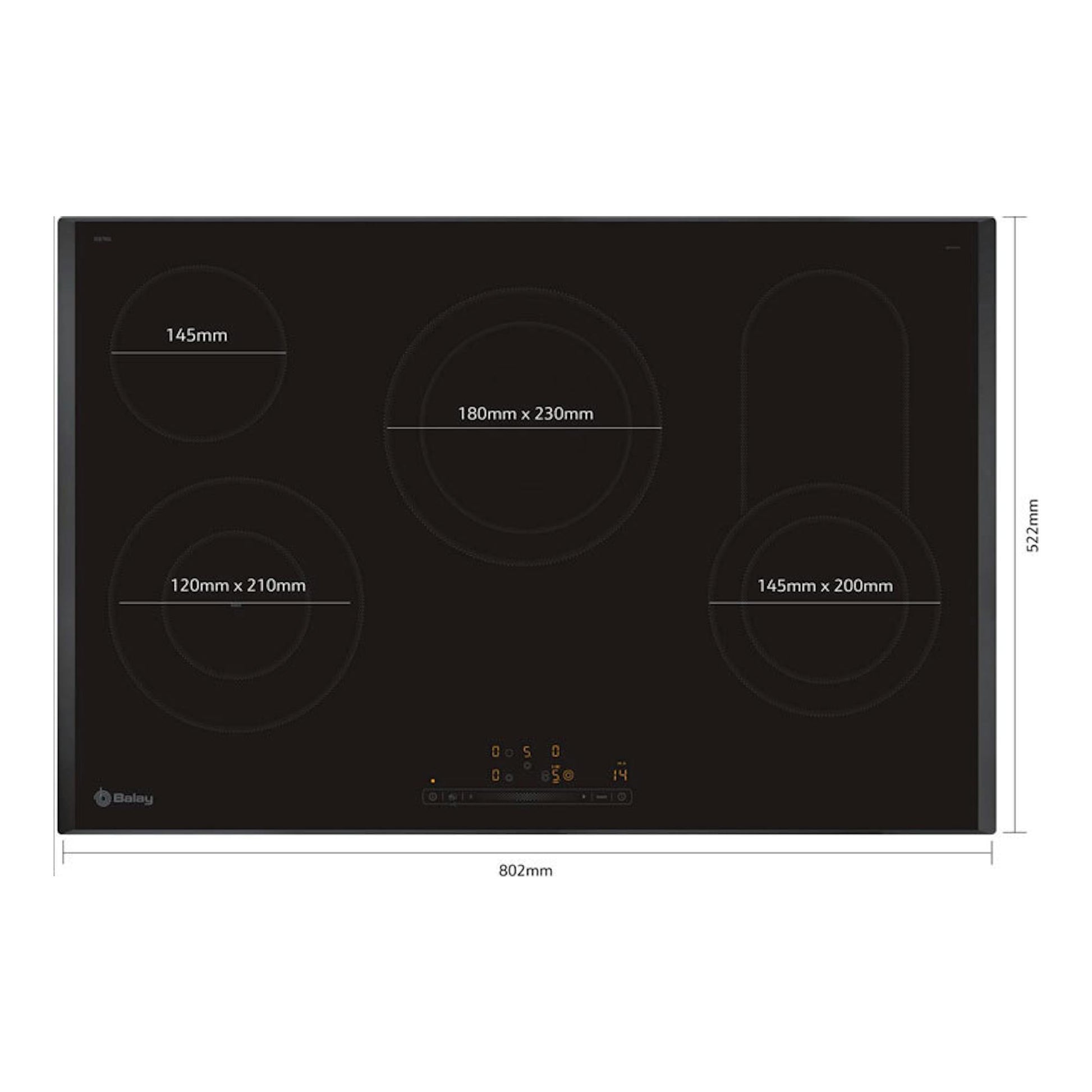 Placa vitrocerámica Balay 3EB786LQ negra, vista superior, 4 zonas de cocción y control táctil, 80 cm.