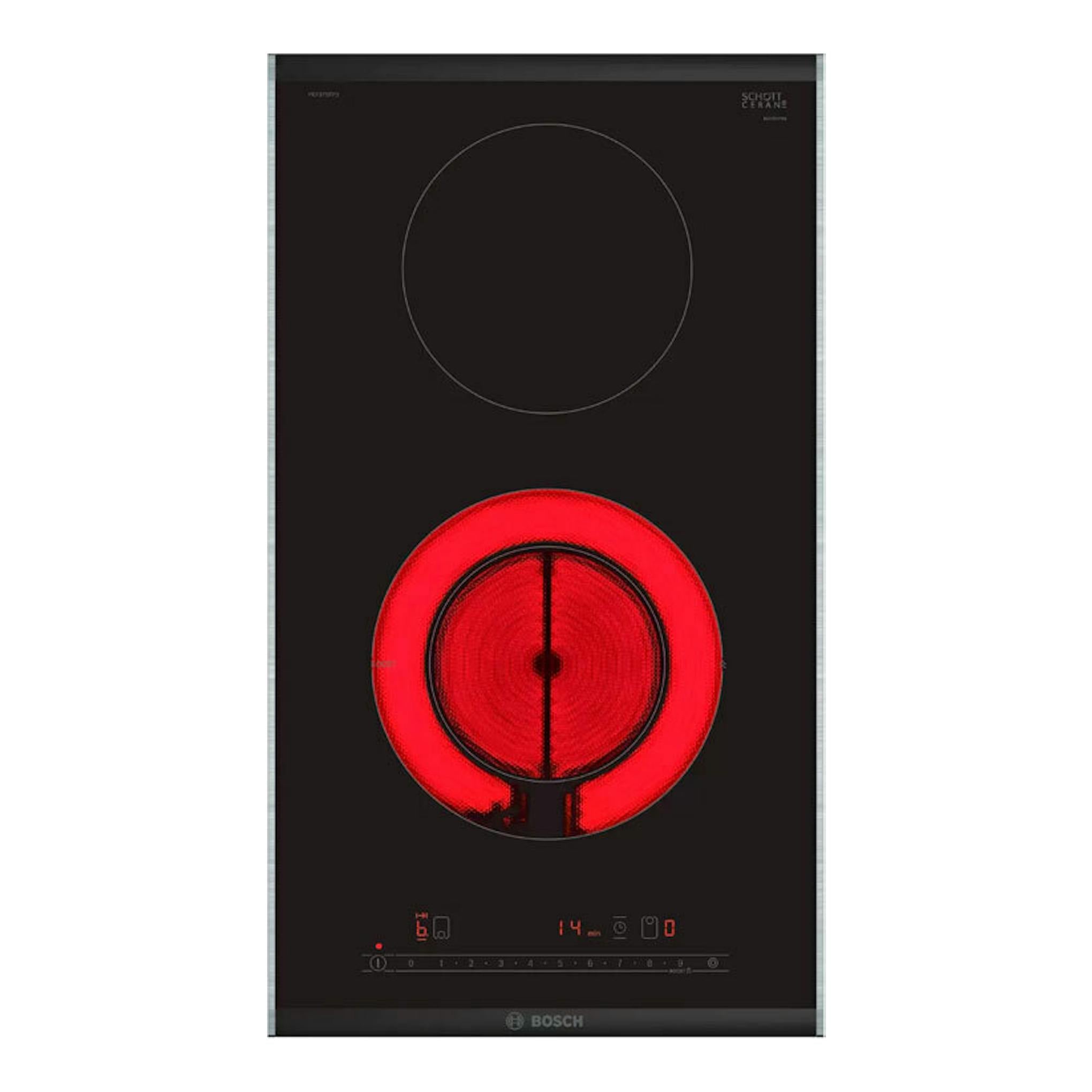 Placa vitrocerámica Bosch PKF375FP2E negra de 30 cm, vista frontal, con un fuego rojo encendido.