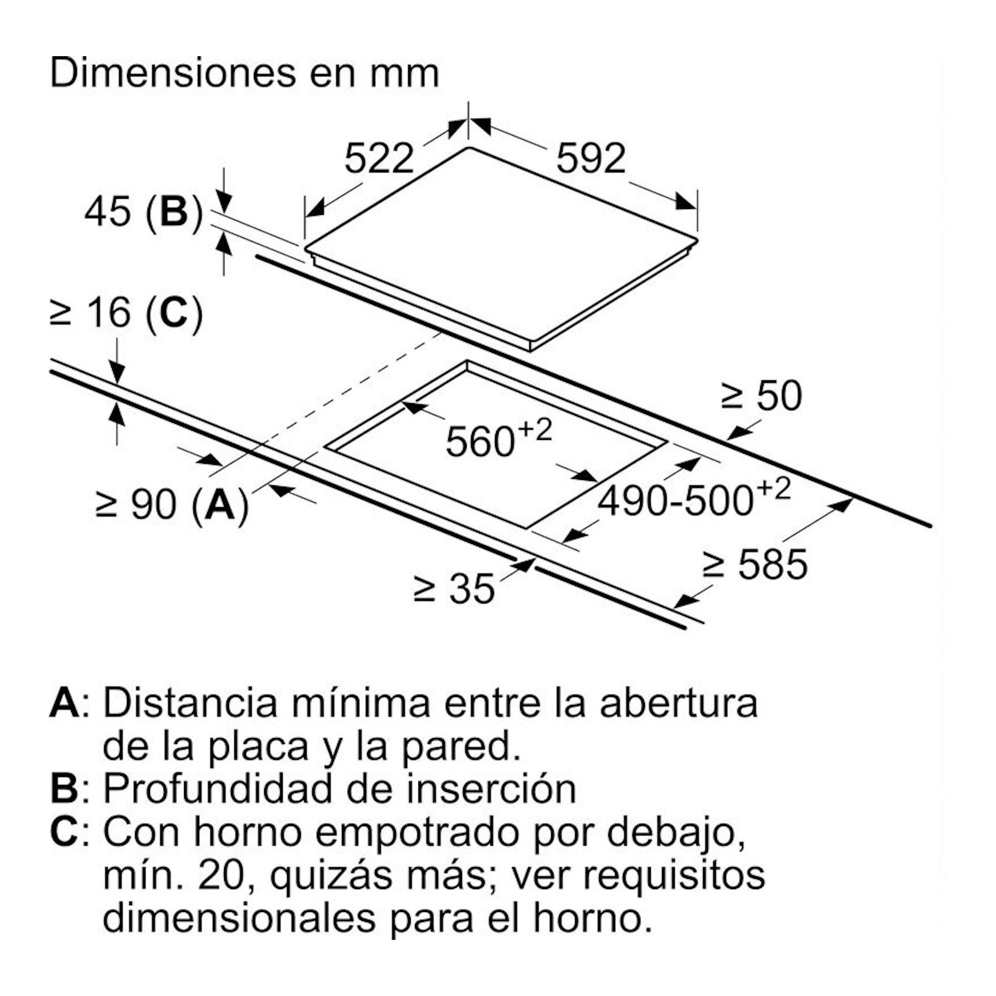 Bosch PKF631FP3E: esquema técnico de instalación de placa vitrocerámica, vista en perspectiva, con medidas en mm.