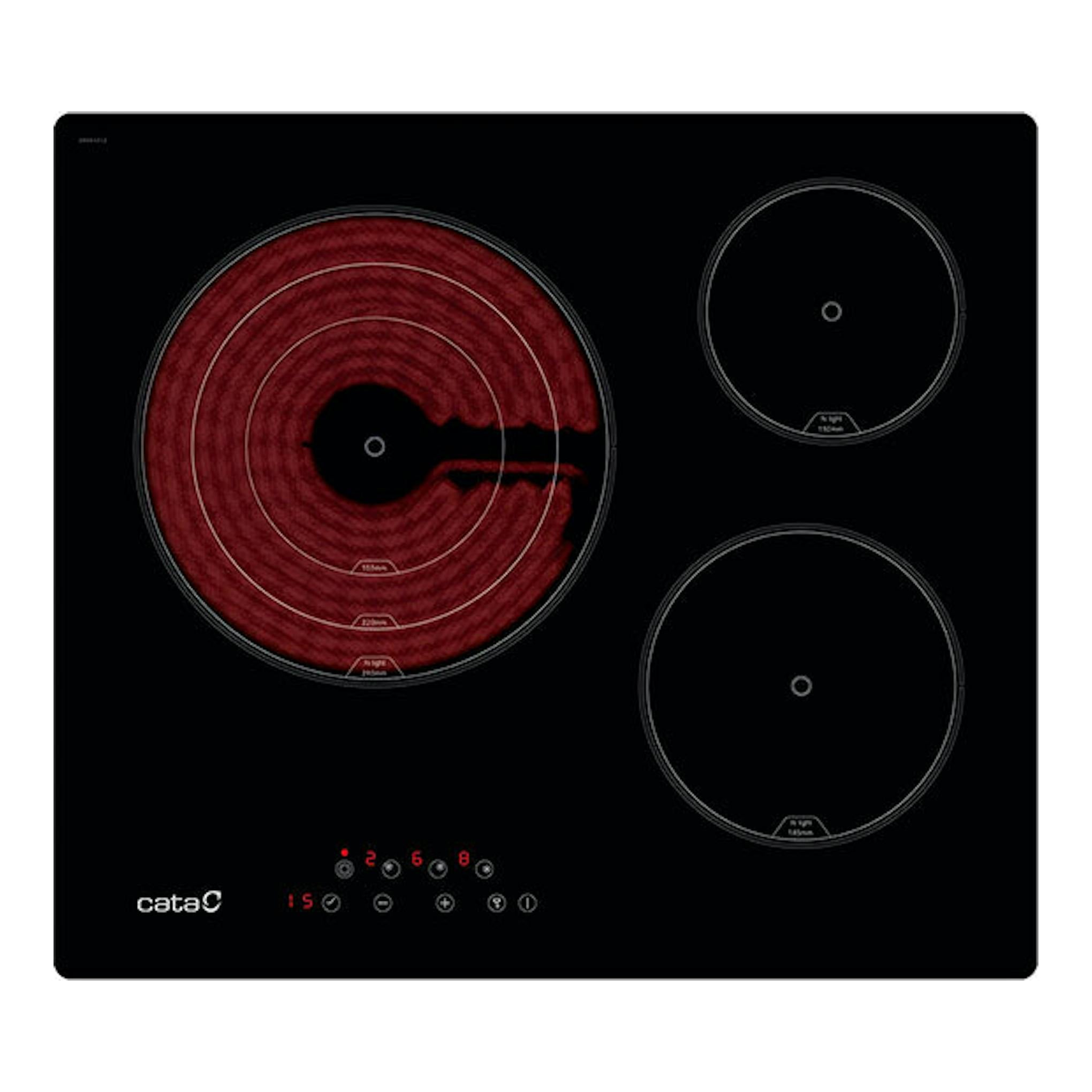 Placa vitrocerámica Cata TT6003 e-tech negra, vista superior, con tres zonas de cocción redondas.