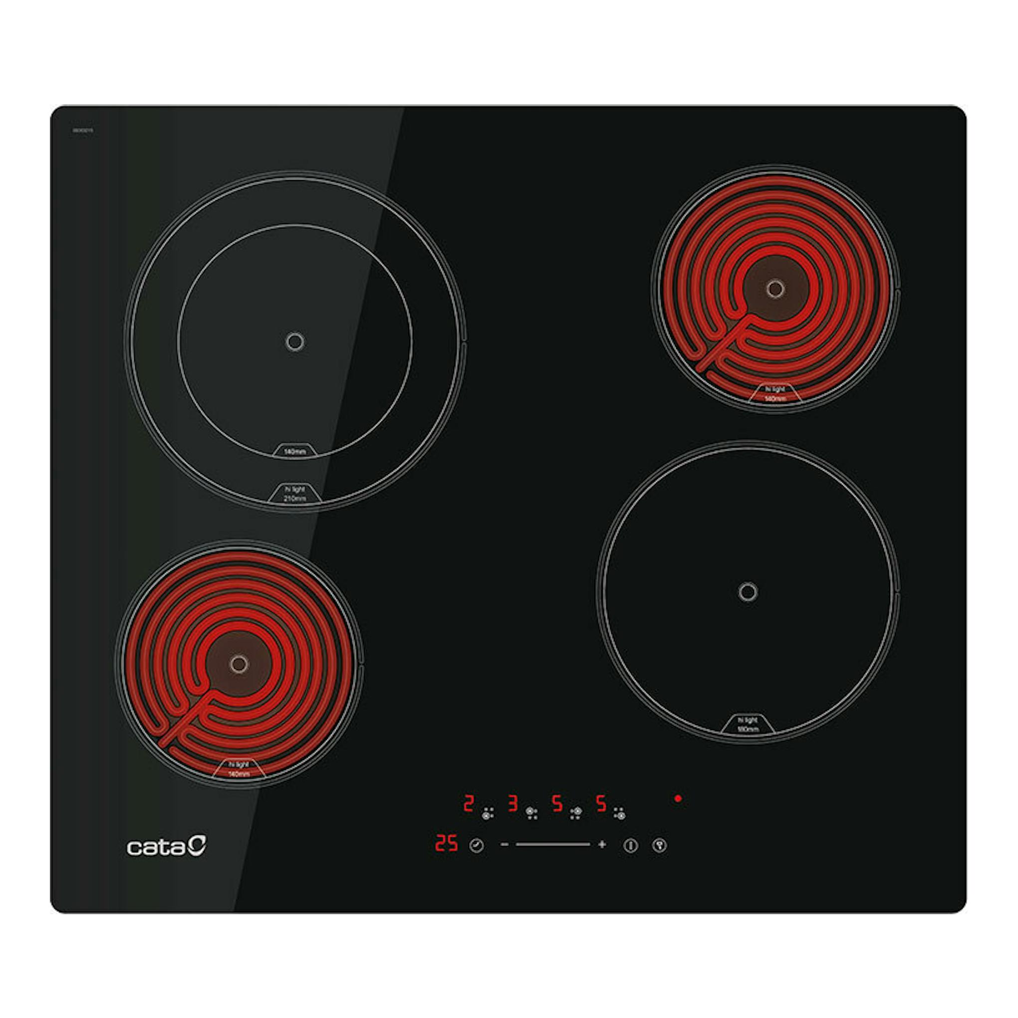 Placa vitrocerámica Cata TT6004 BK negra, vista frontal, con cuatro zonas de cocción circulares.