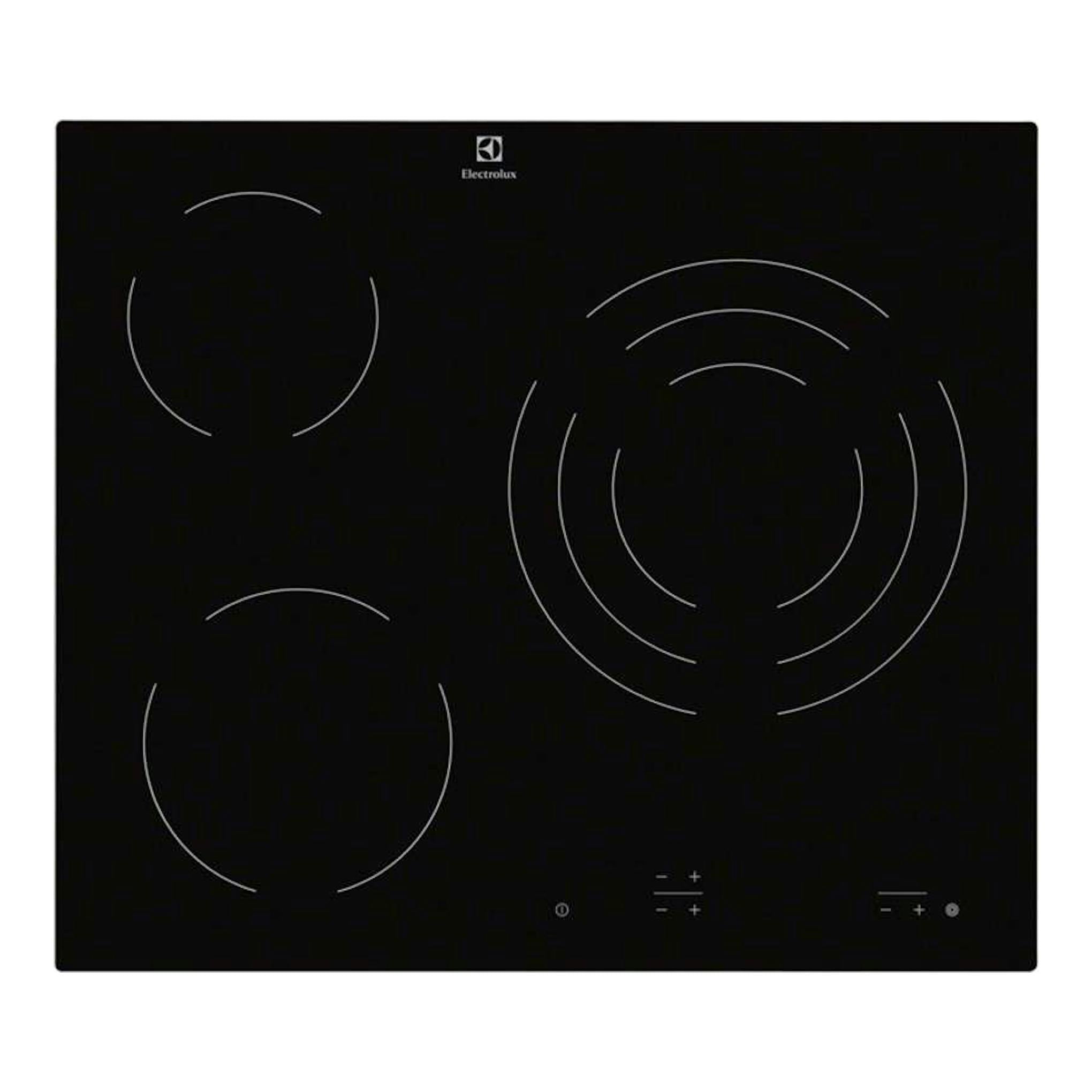 Placa vitrocerámica Electrolux EHF6232IOK negra, vista superior, con cuatro zonas de cocción y mandos táctiles.