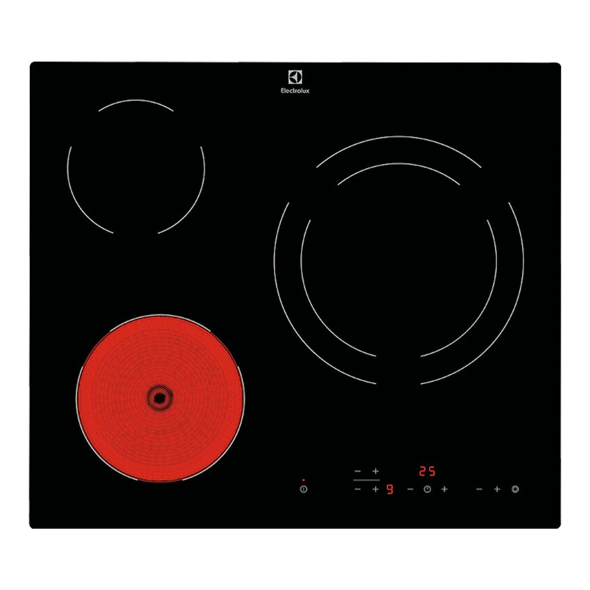Placa vitrocerámica Electrolux LR633CK negra, vista frontal, con una zona roja encendida y controles táctiles.