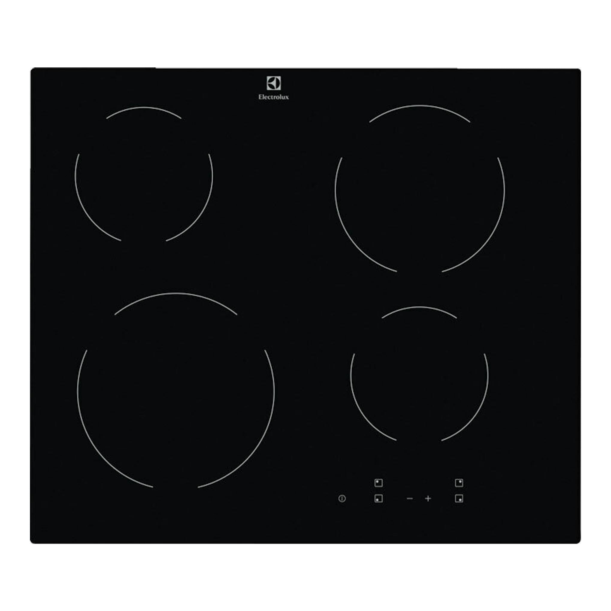 Placa vitrocerámica Electrolux LRR6430CK negra, vista frontal, con cuatro zonas de cocción circulares.
