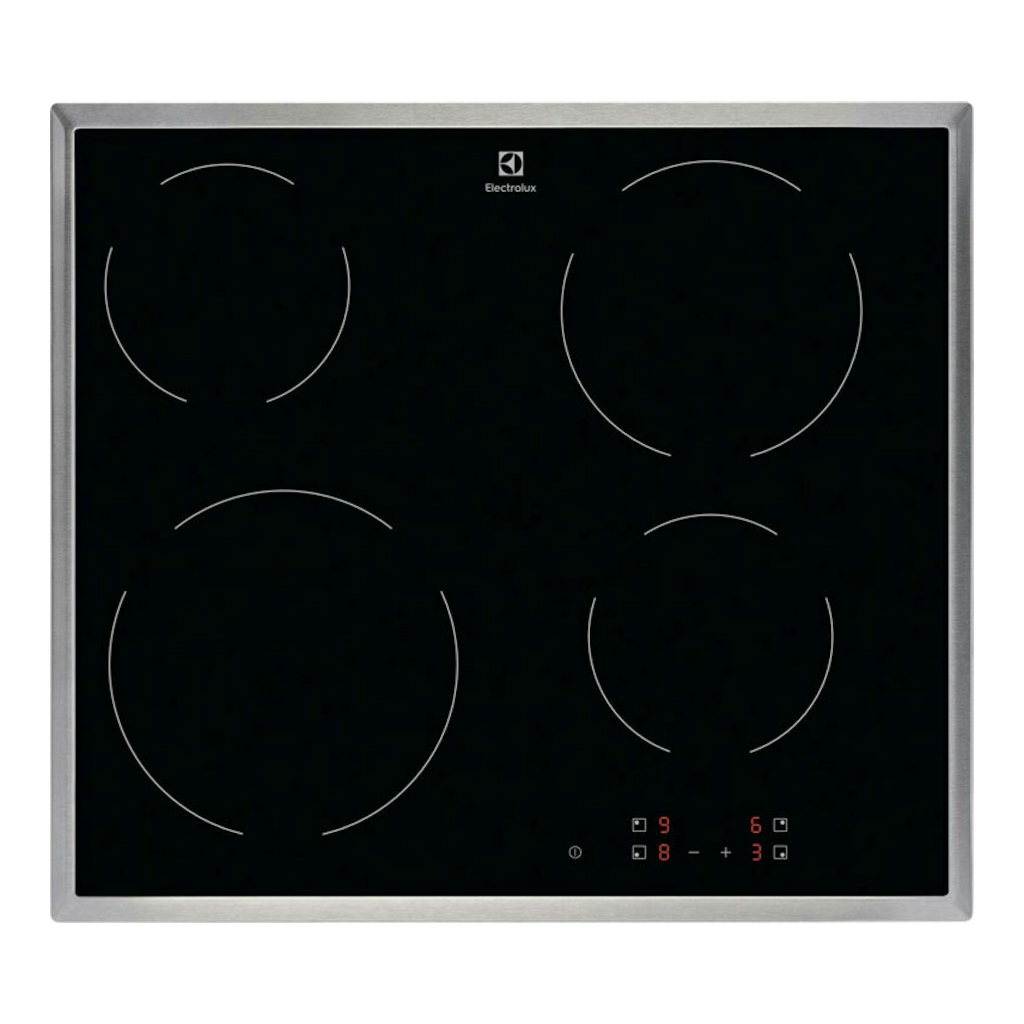 Placa vitrocerámica Electrolux LRR6430M negra, vista frontal, con marco de acero inoxidable.