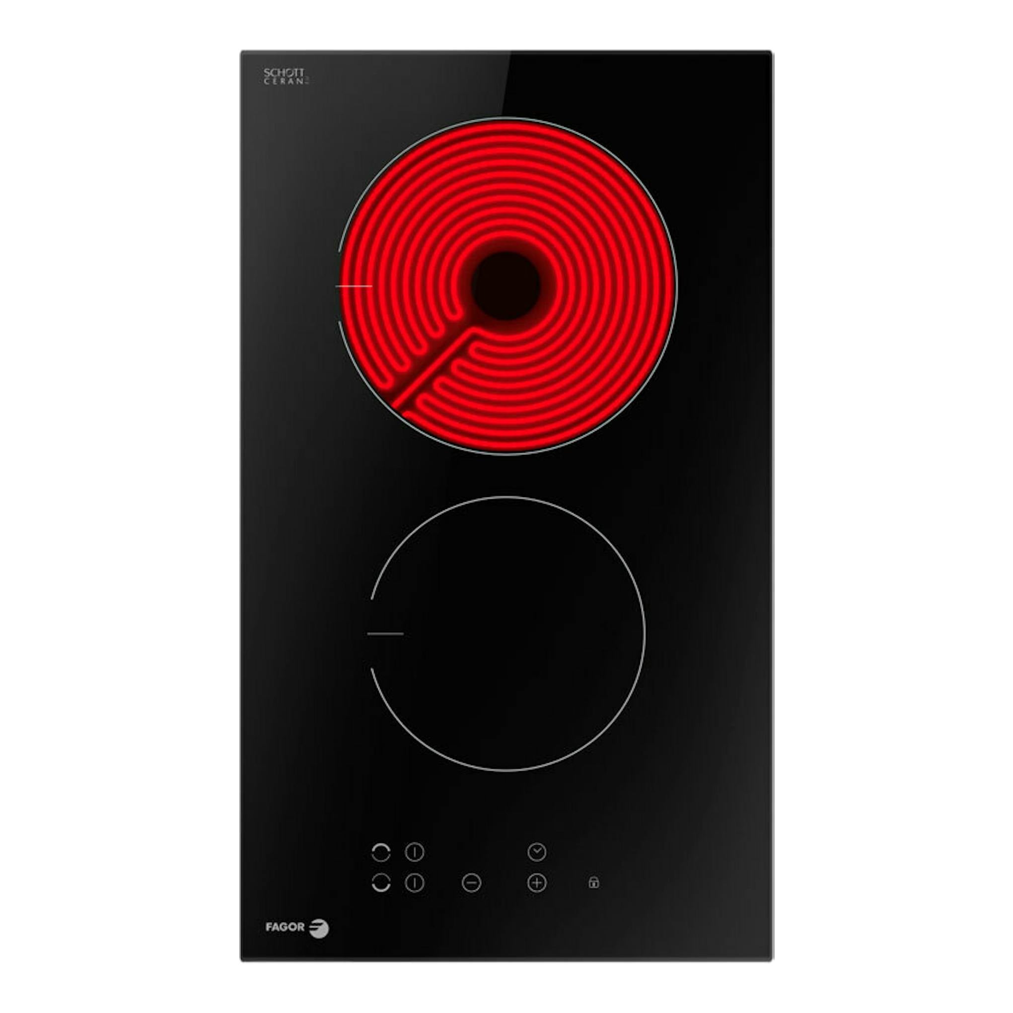 Placa vitrocerámica Fagor 3MFT-2AC negra de 30 cm, vista frontal, con una zona roja encendida y controles táctiles.