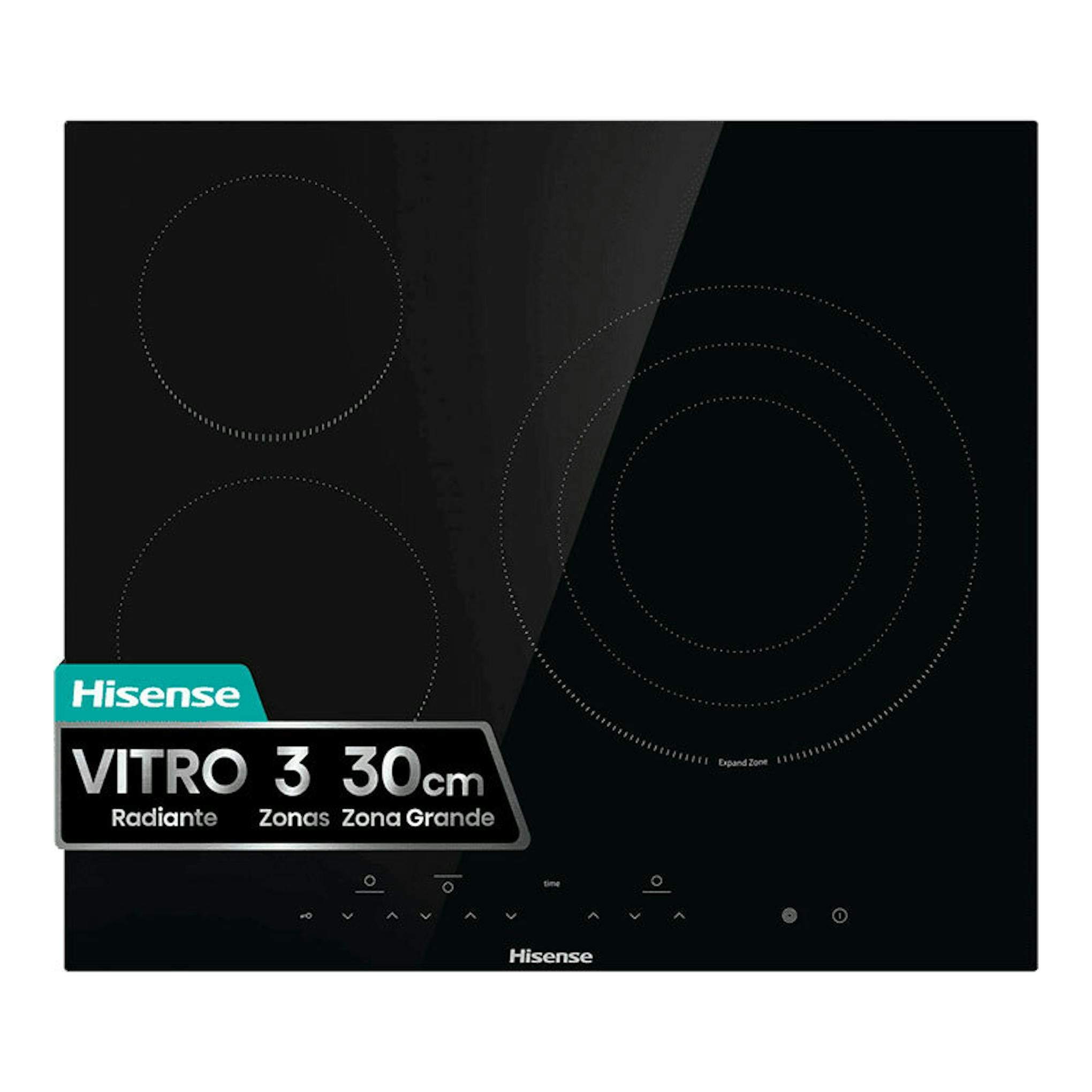 Placa vitrocerámica Hisense E6332BSCE negra, vista frontal, con 3 zonas de cocción y controles táctiles.