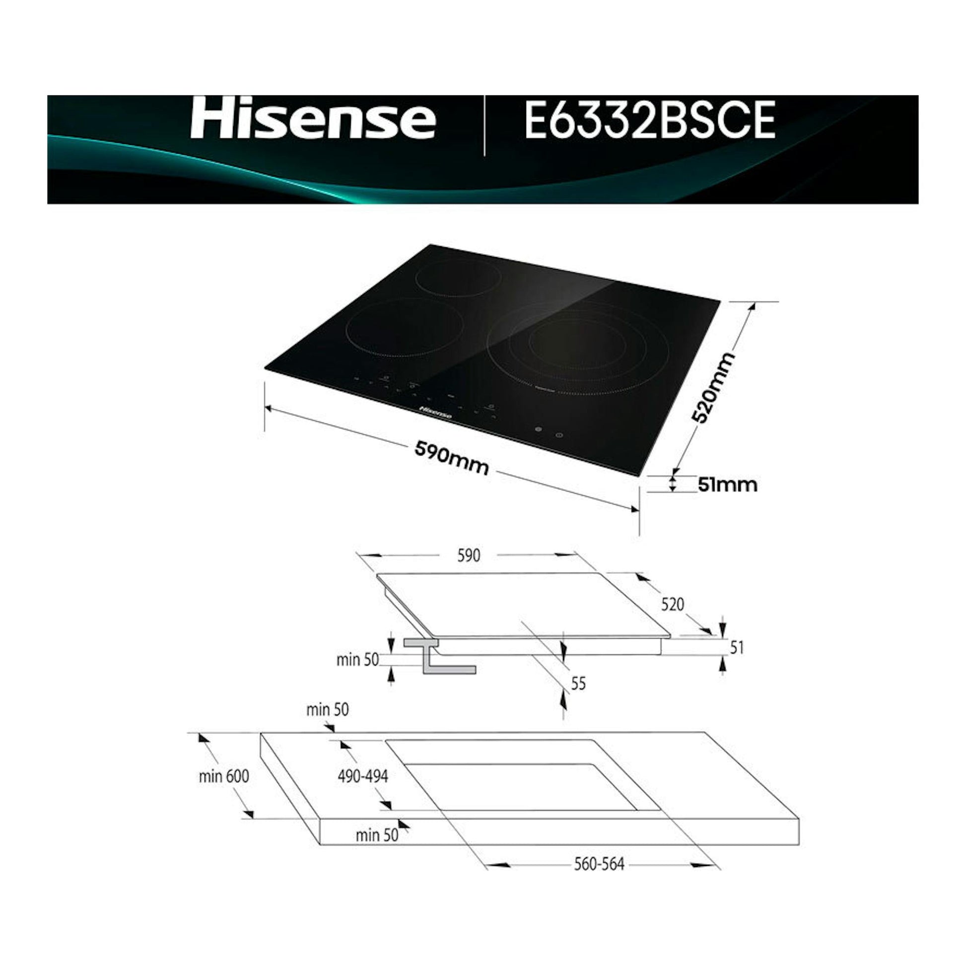 Placa vitrocerámica Hisense E6332BSCE negra, vista en perspectiva con tres zonas de cocción y medidas.