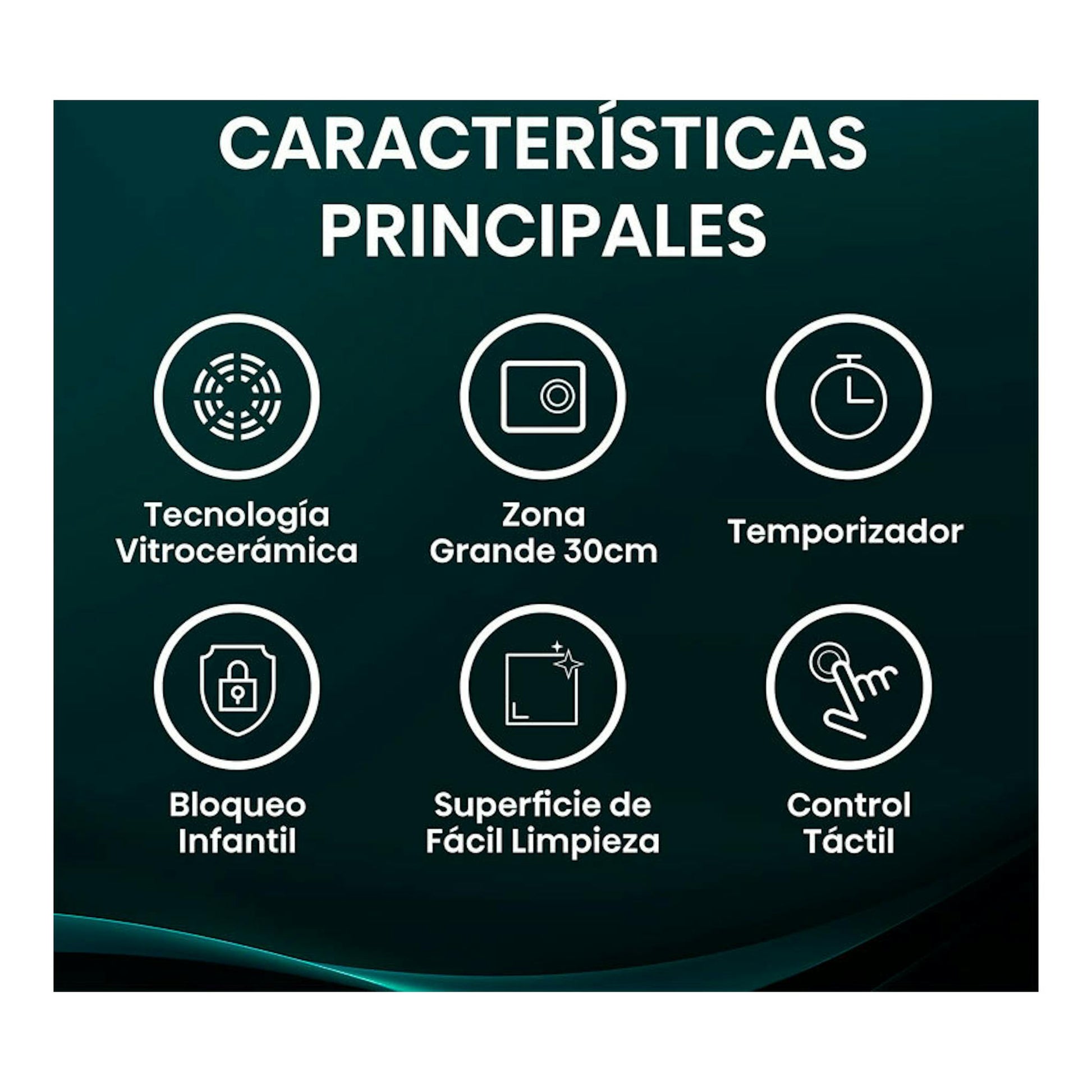 Hisense E6332BSCE: imagen de características de placa vitrocerámica negra con zona grande, temporizador y control táctil.