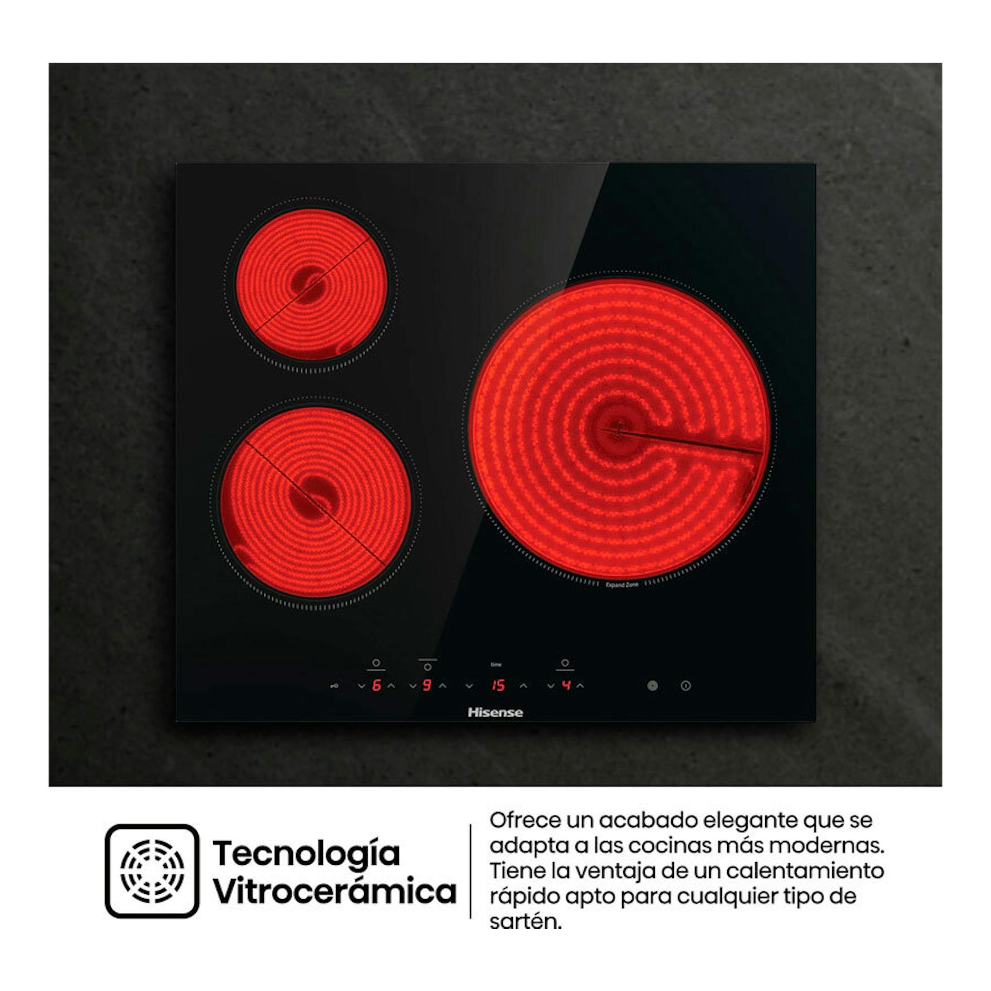 Hisense E6332BSCE: placa vitrocerámica negra vista cenital con tres zonas circulares rojas encendidas.