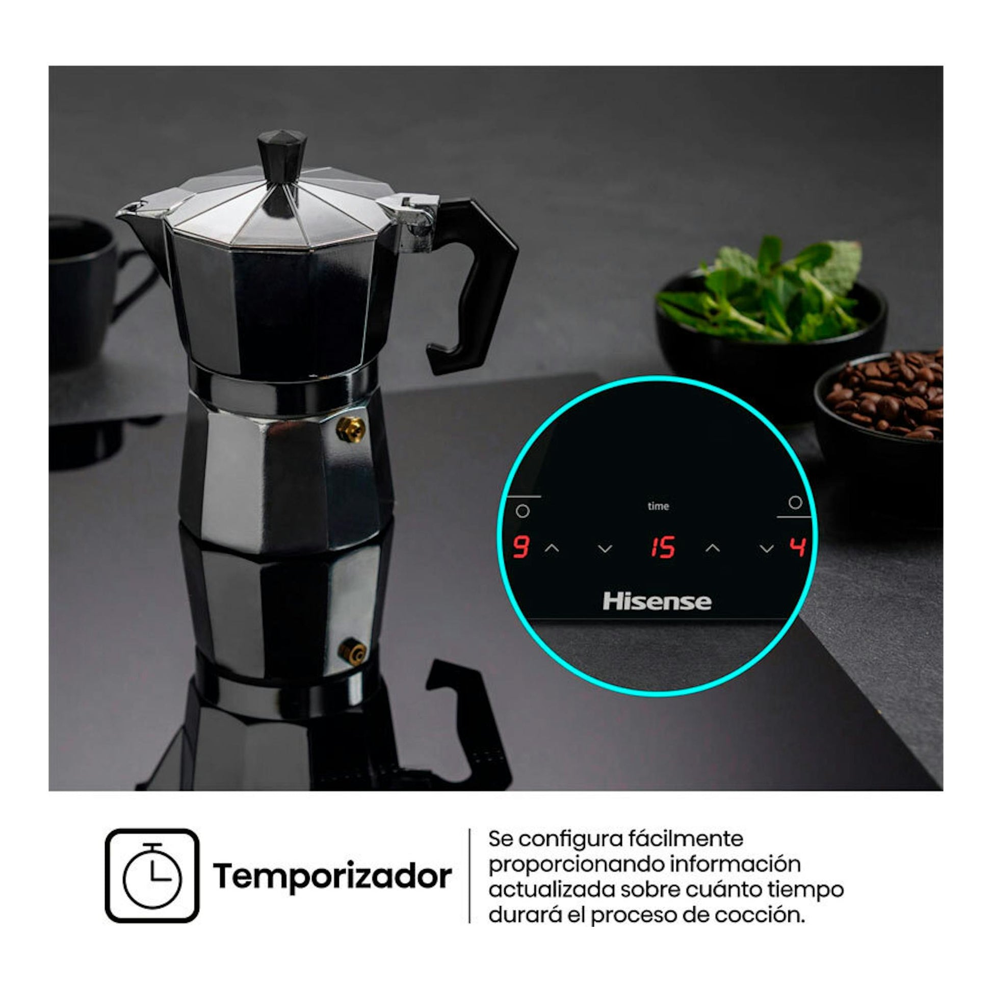 Placa vitrocerámica Hisense E6332BSCE negra, vista frontal con control táctil y cafetera moka.