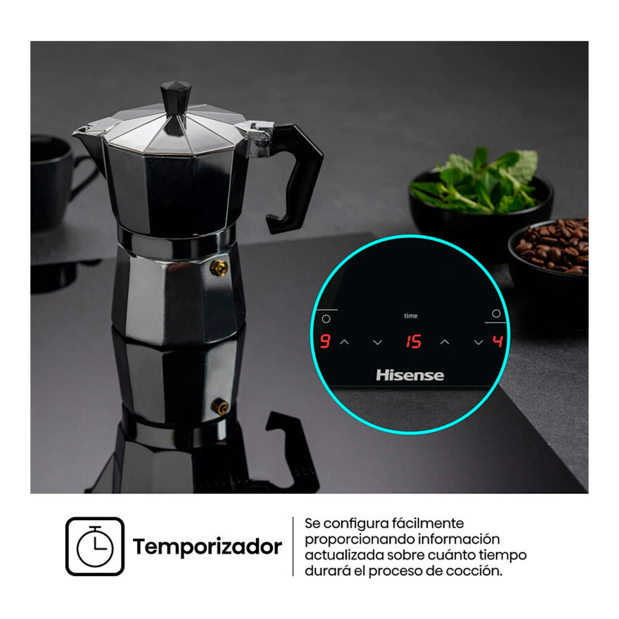 Placa vitrocerámica Hisense E6332BSCE negra, vista frontal con control táctil y cafetera moka.