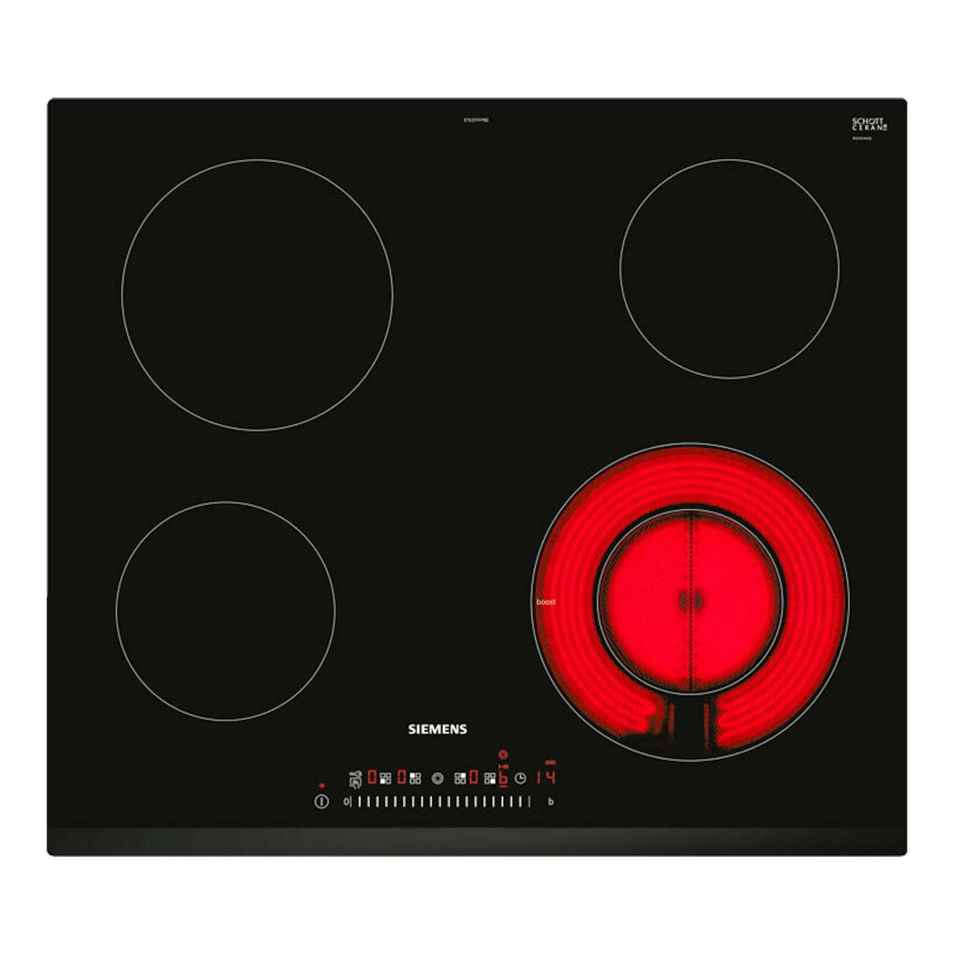 Placa vitrocerámica Siemens ET631FFP8E negra, vista frontal, con cuatro zonas y una encendida en rojo.