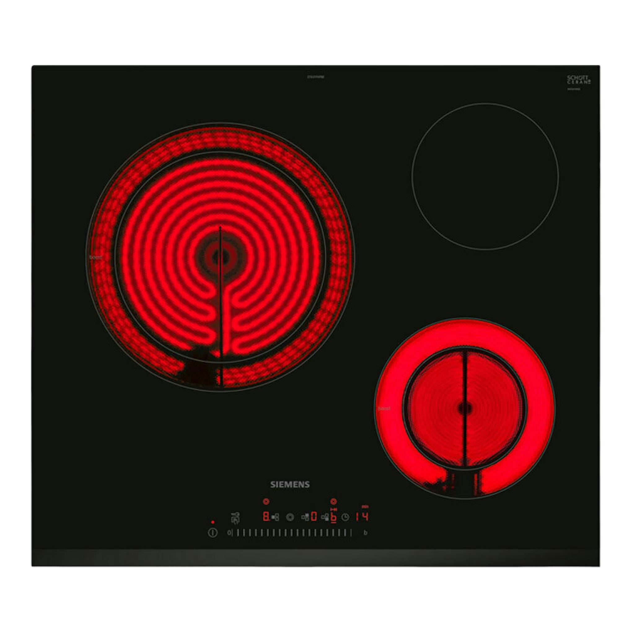 Placa vitrocerámica Siemens ET631FKP8E negra, vista frontal, con dos zonas de cocción rojas encendidas.