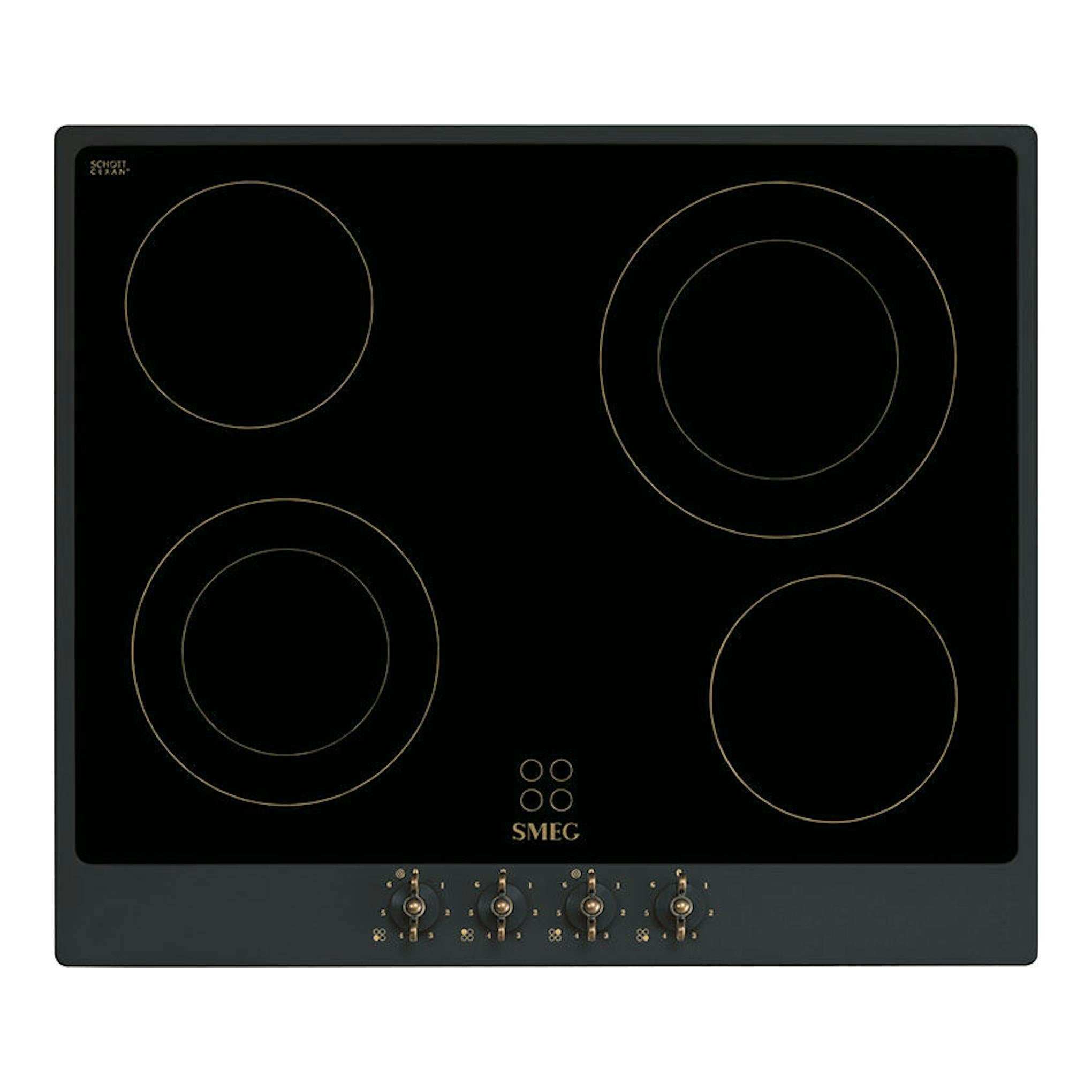 Placa vitrocerámica Smeg P864AO negra, vista frontal, con cuatro zonas circulares y mandos inferiores.
