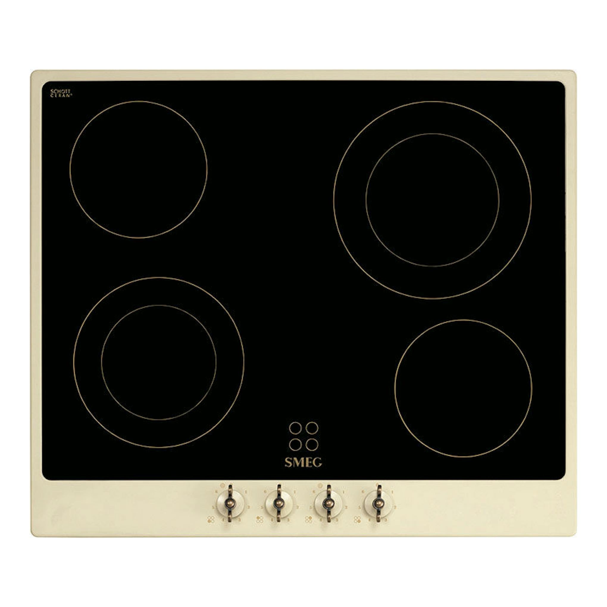 Placa vitrocerámica Smeg P864PO negra con marco crema y cuatro zonas circulares, vista frontal.