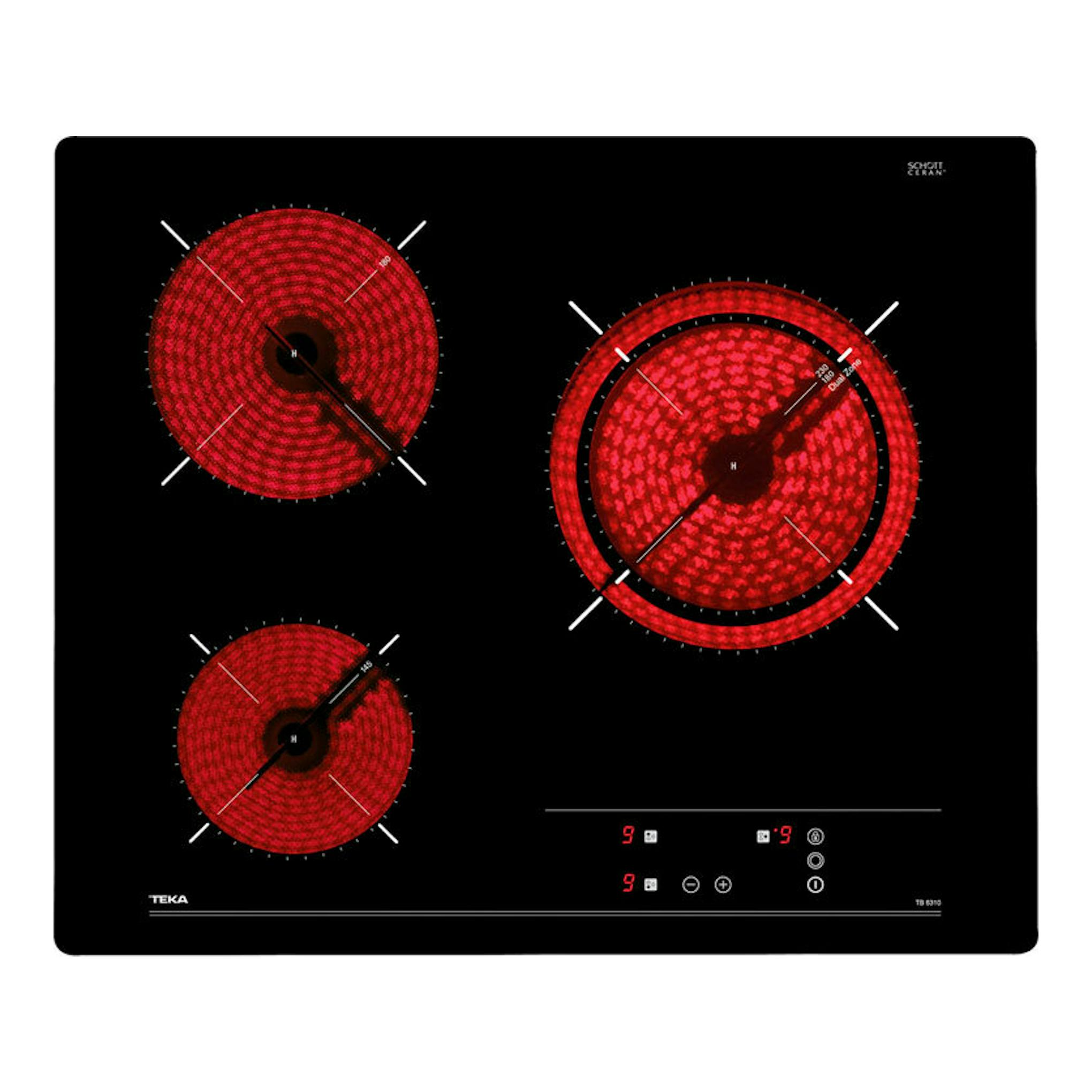 Placa vitrocerámica Teka TB 6310 negra, vista frontal, con tres zonas de cocción rojas.