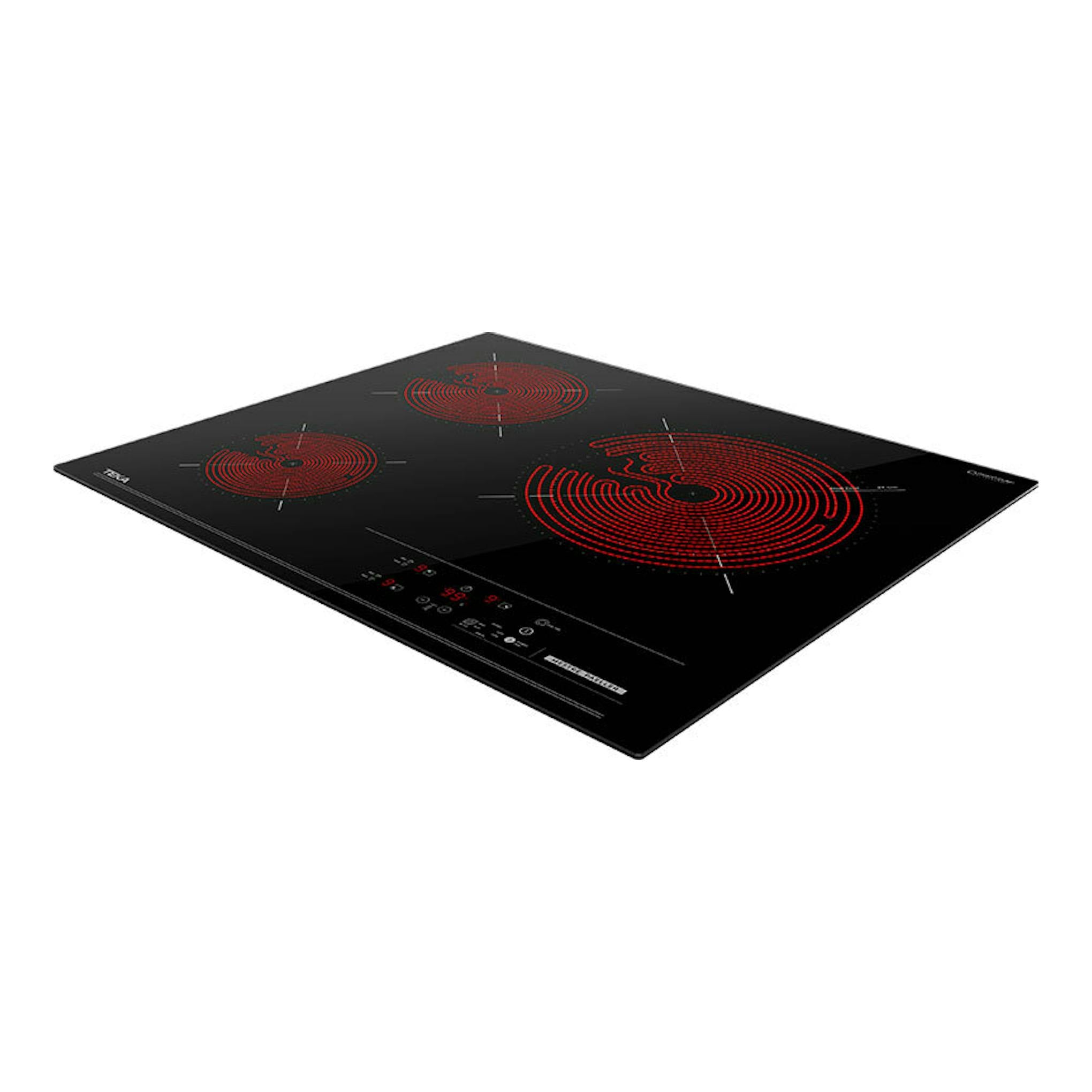 Placa vitrocerámica Teka TBC63620TTC negra, vista en ángulo, con tres zonas de cocción rojas y panel táctil.