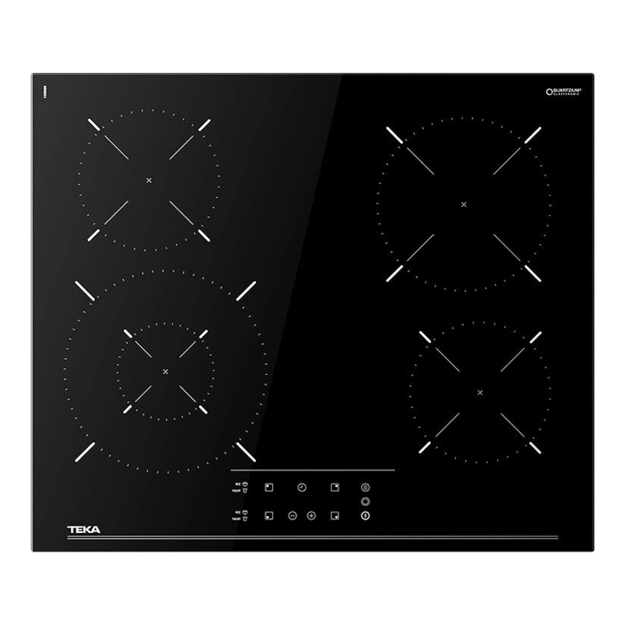 Placa vitrocerámica Teka TBC64320TTC negra, vista cenital, con cuatro zonas de cocción y panel táctil frontal.
