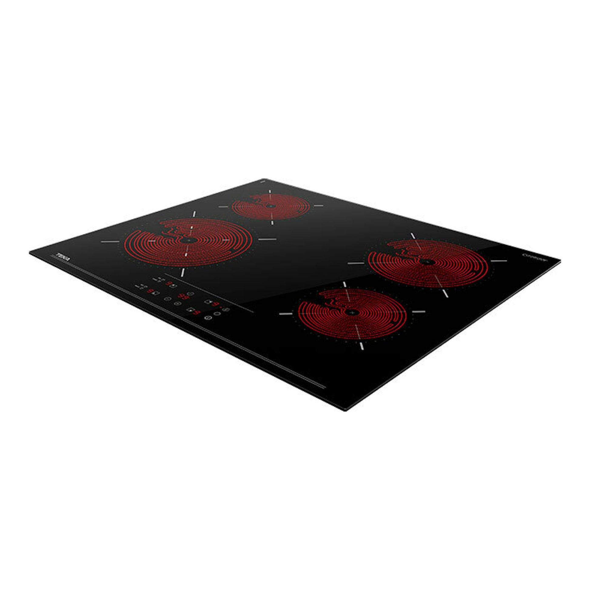 Placa vitrocerámica Teka TBC64320TTC negra, vista en perspectiva, con cuatro zonas rojas de cocción.