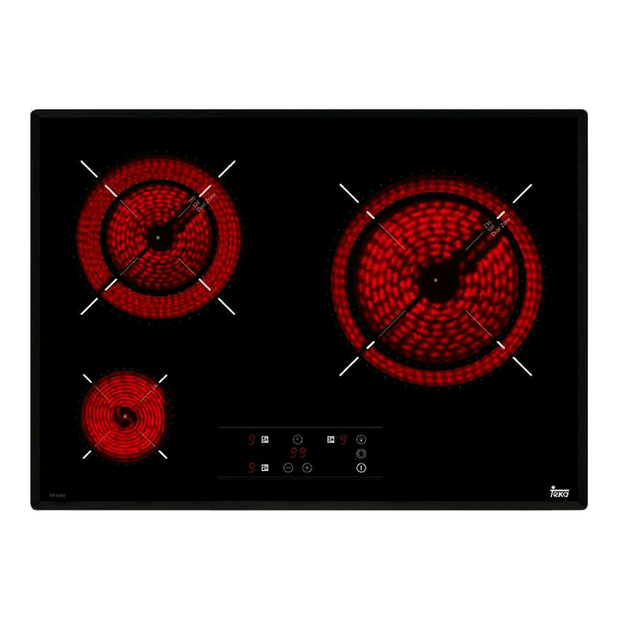 Placa vitrocerámica Teka TR 5300 negra, vista cenital, con tres zonas de cocción rojas y panel táctil.