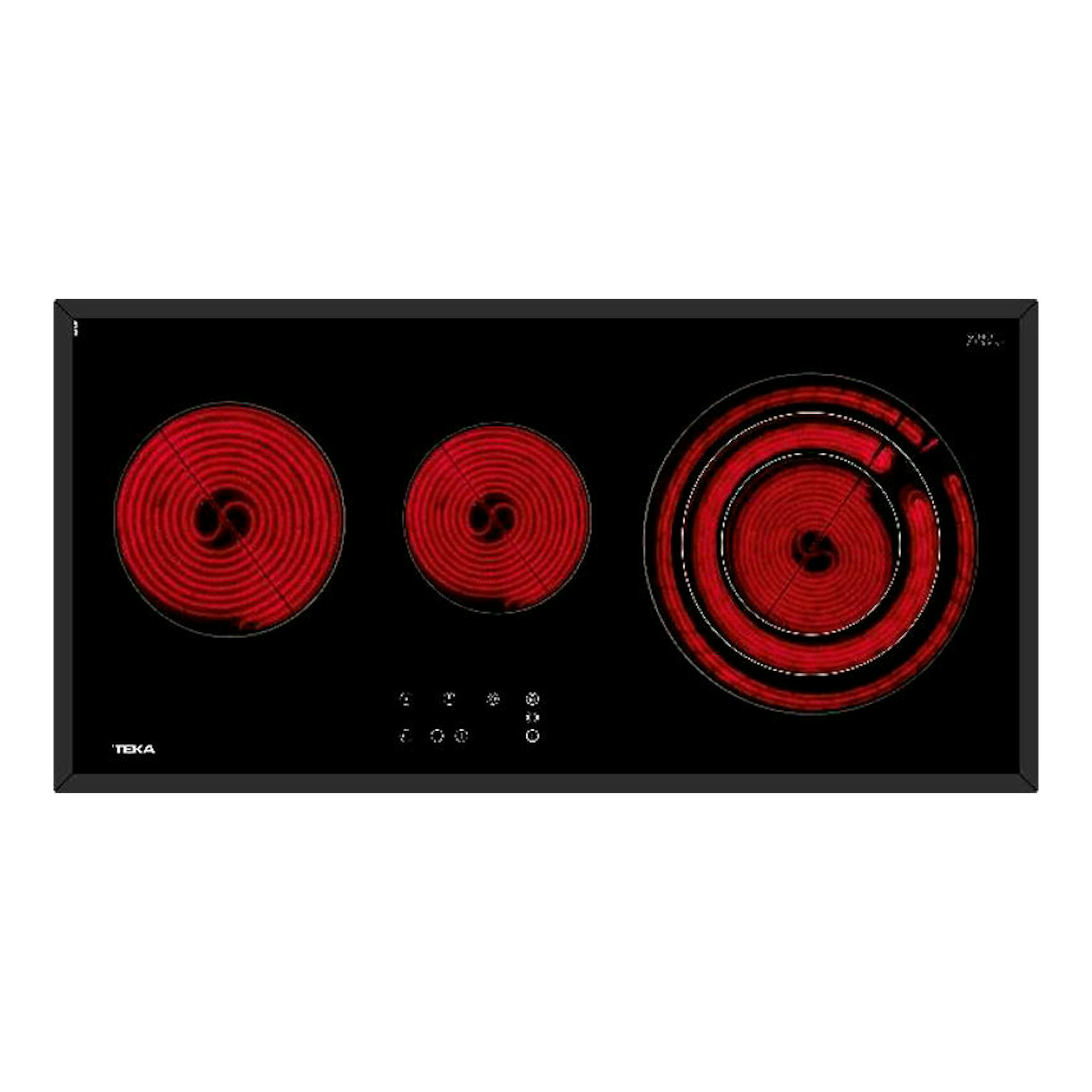 Placa vitrocerámica Teka TRC 83631 negra, vista superior, con tres zonas de cocción rojas.