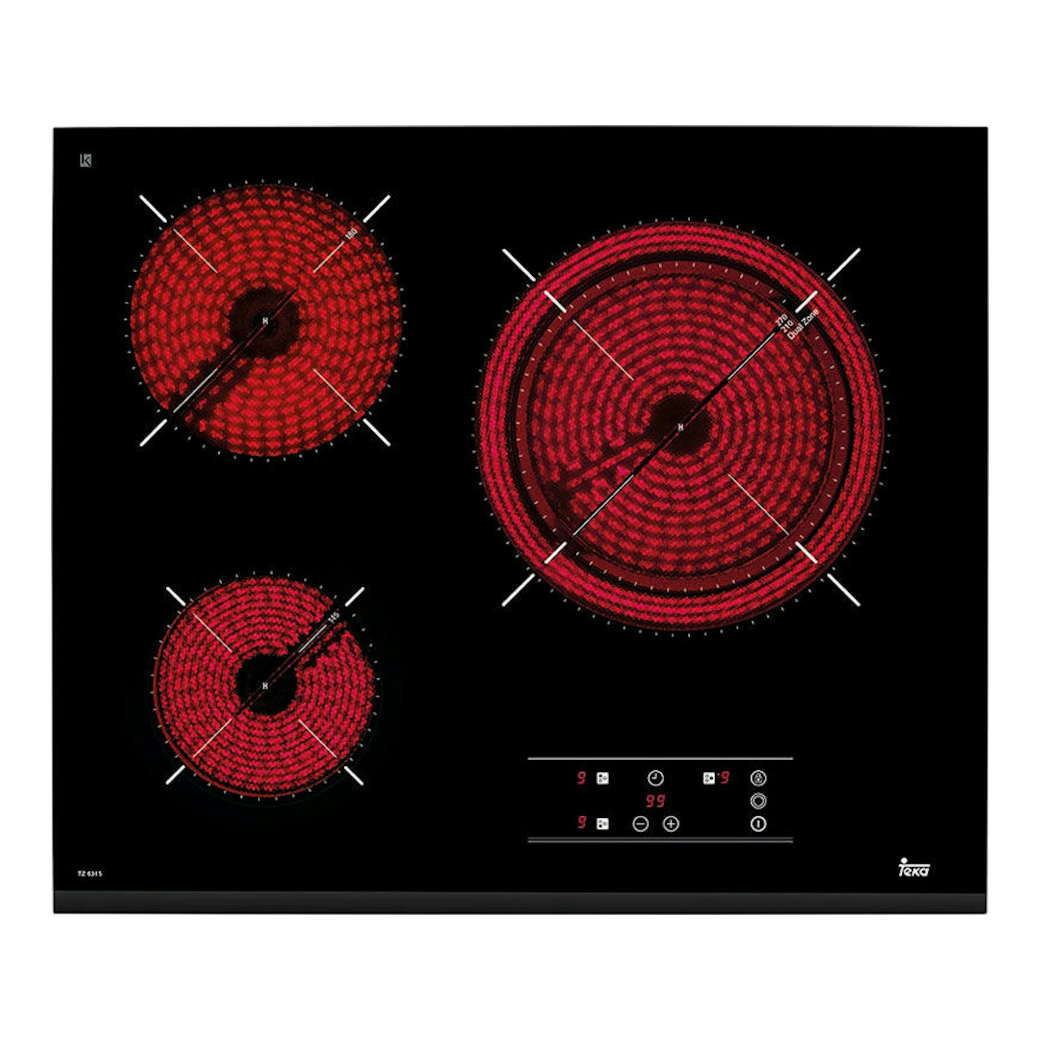 Placa vitrocerámica Teka TZ 6315 negra, vista frontal, con tres zonas rojas de cocción y panel táctil.