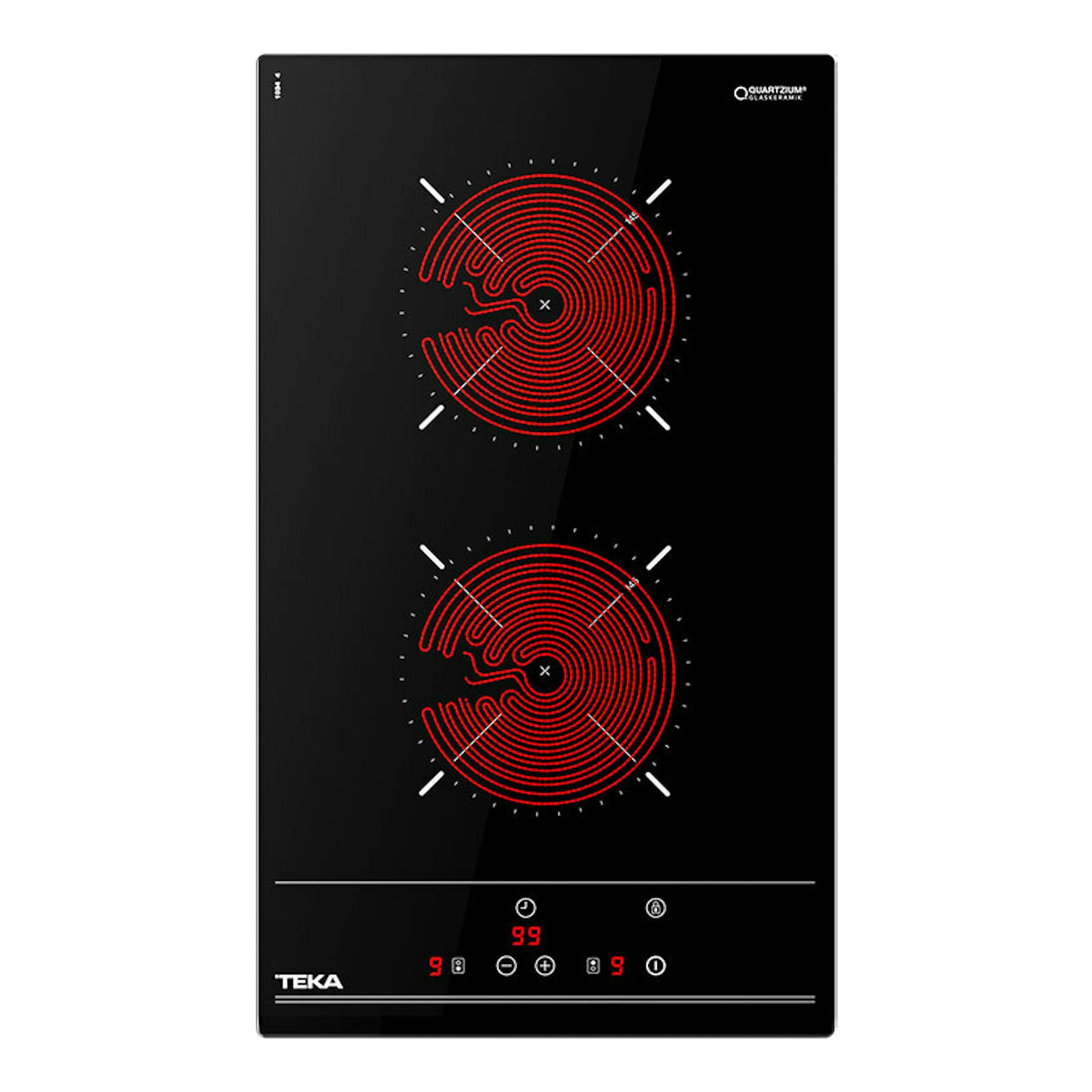 Placa vitrocerámica Teka TZC32000TTC negra de 30 cm, vista frontal, con dos zonas de cocción rojas.