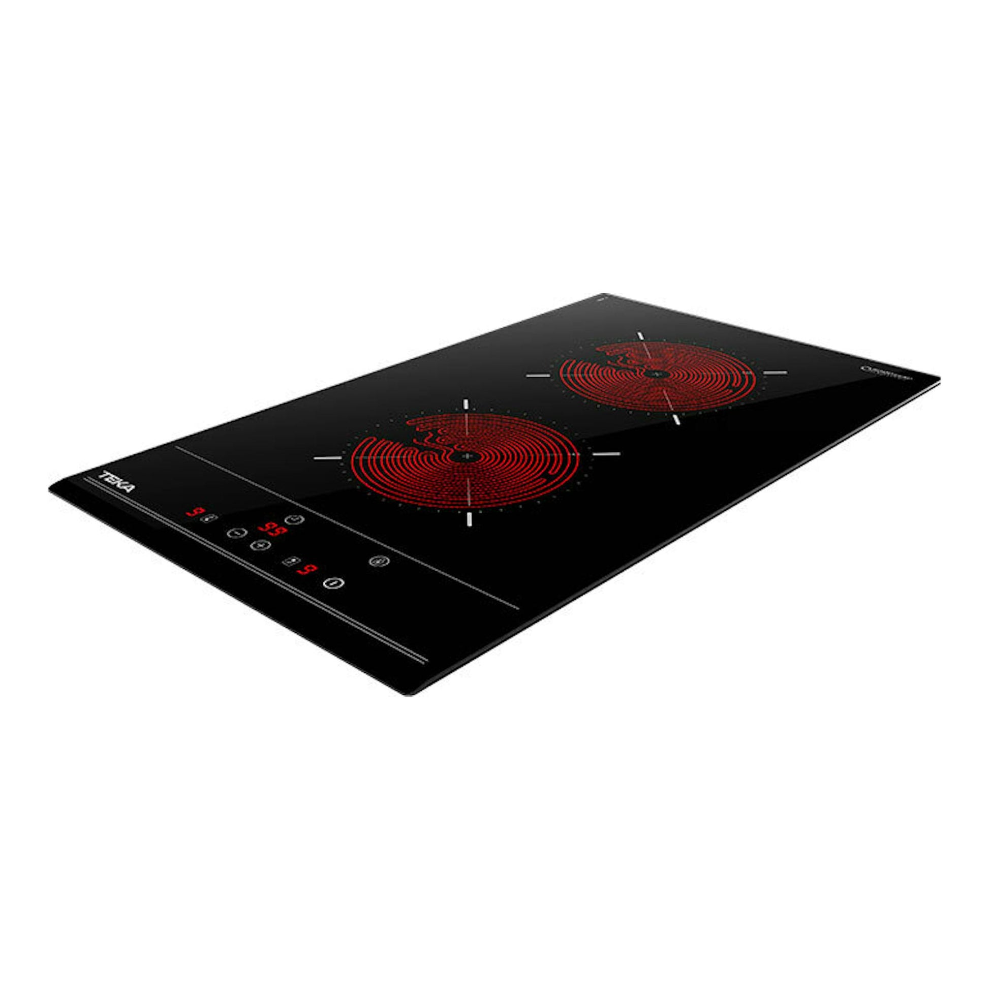 Placa vitrocerámica Teka TZC32000TTC negra, vista en ángulo, con dos zonas de cocción rojas.