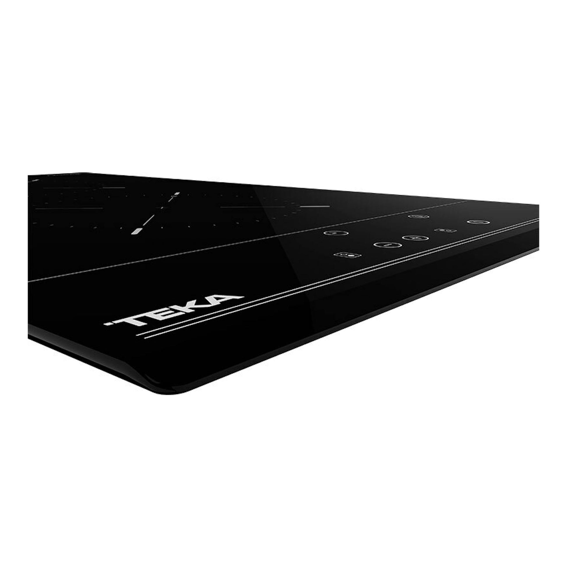 Placa vitrocerámica Teka TZC32000TTC negra, vista oblicua, con panel táctil a la derecha.