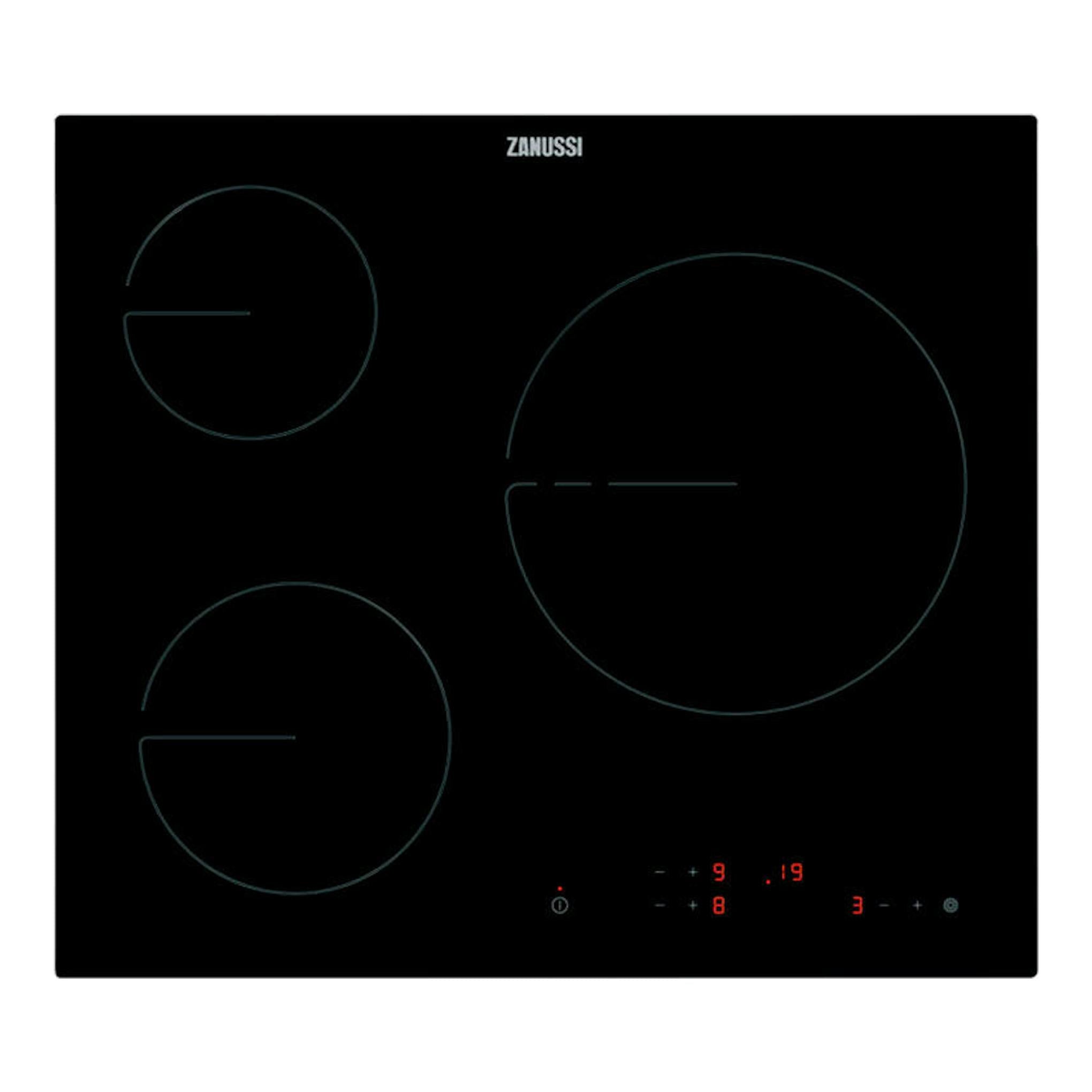 Placa vitrocerámica Zanussi ZHRN639K negra, vista frontal, con 3 zonas de cocción y controles táctiles.