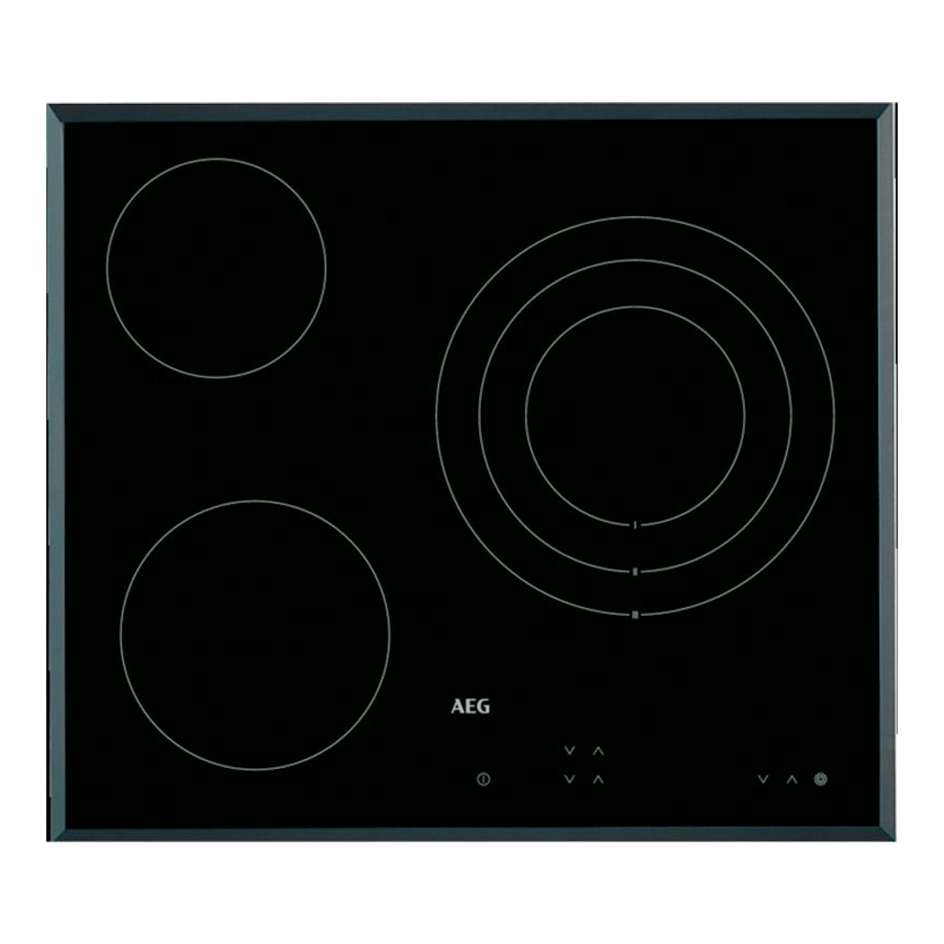 Placa vitrocerámica AEG negra, vista frontal, con cuatro zonas de cocción circulares.